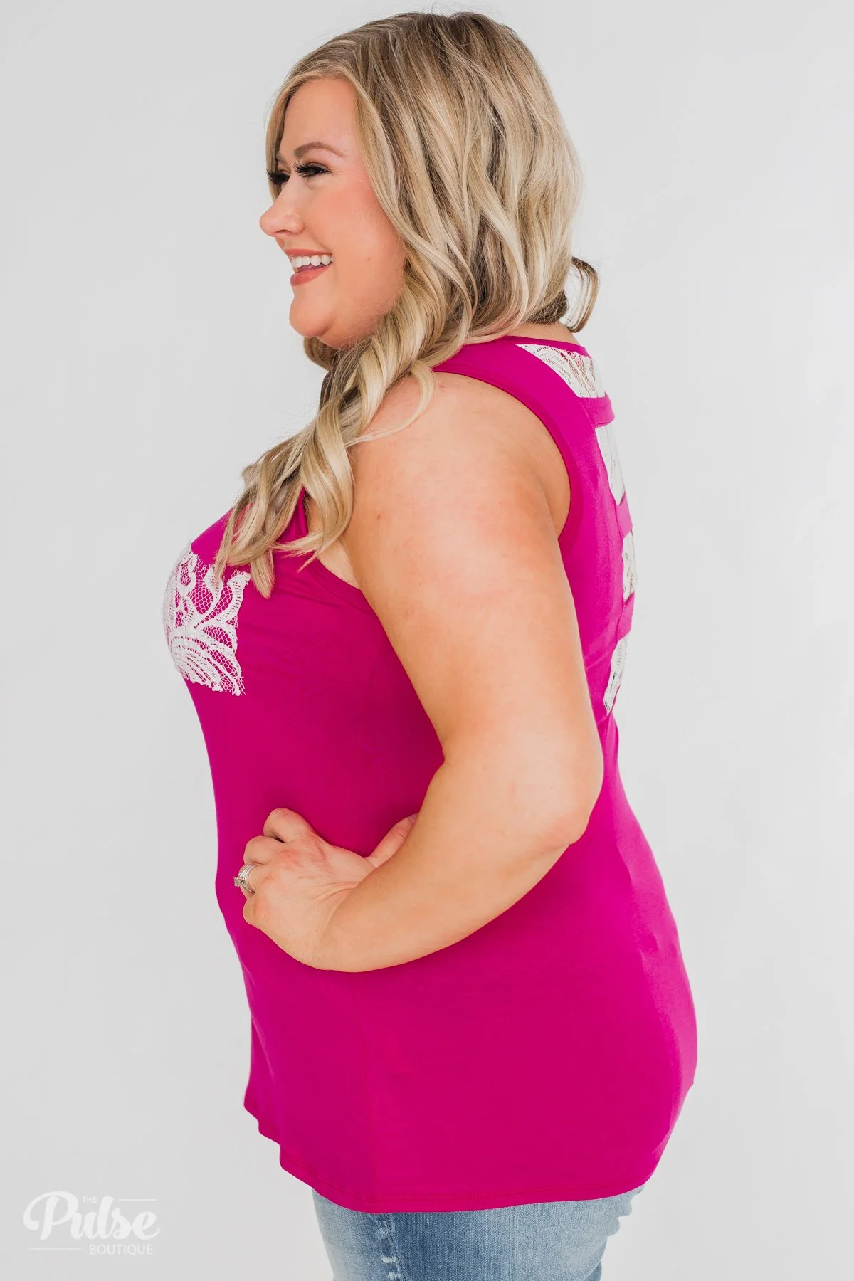 Lace Back Pocket Tank Top- Fuchsia - Image 11