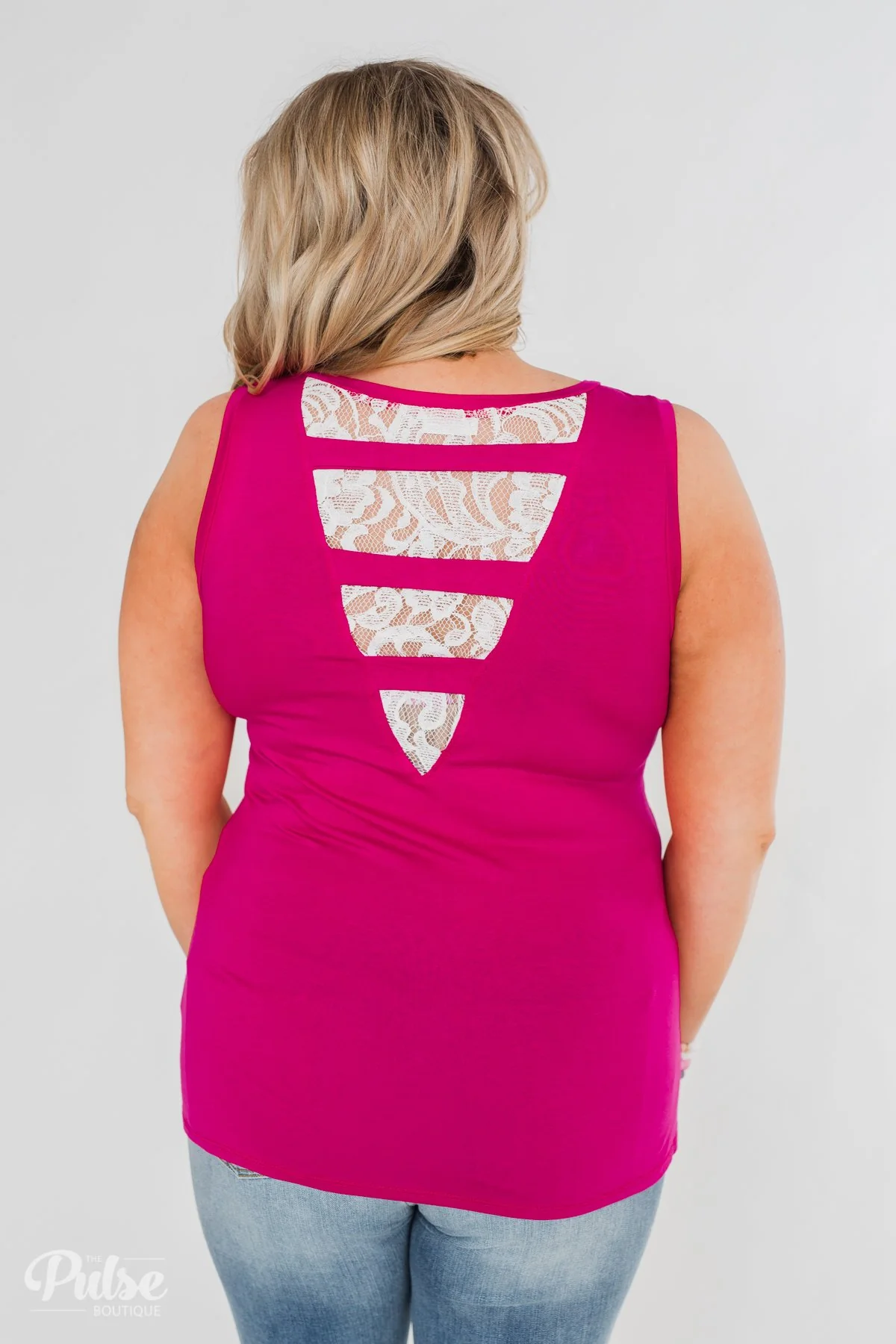 Lace Back Pocket Tank Top- Fuchsia - Image 12