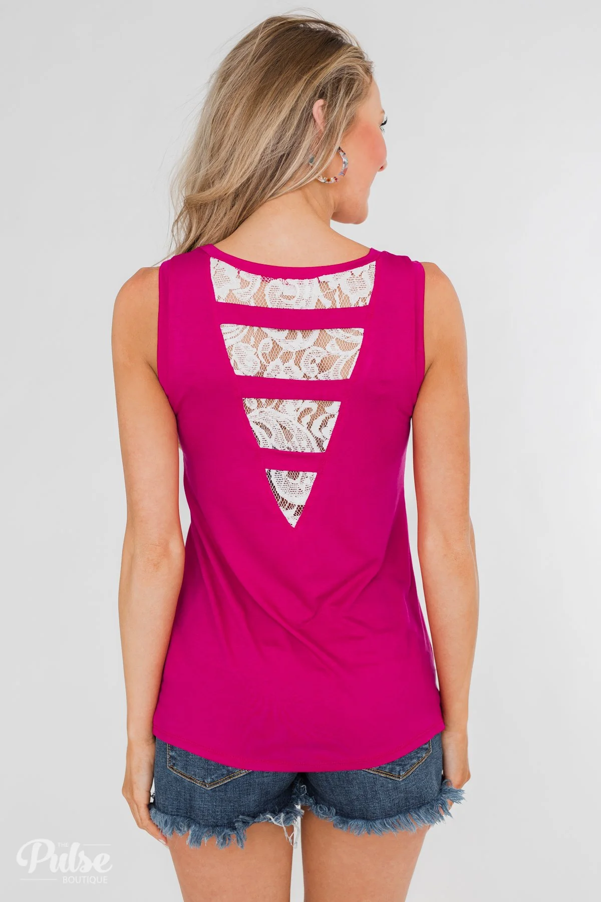 Lace Back Pocket Tank Top- Fuchsia - Image 8