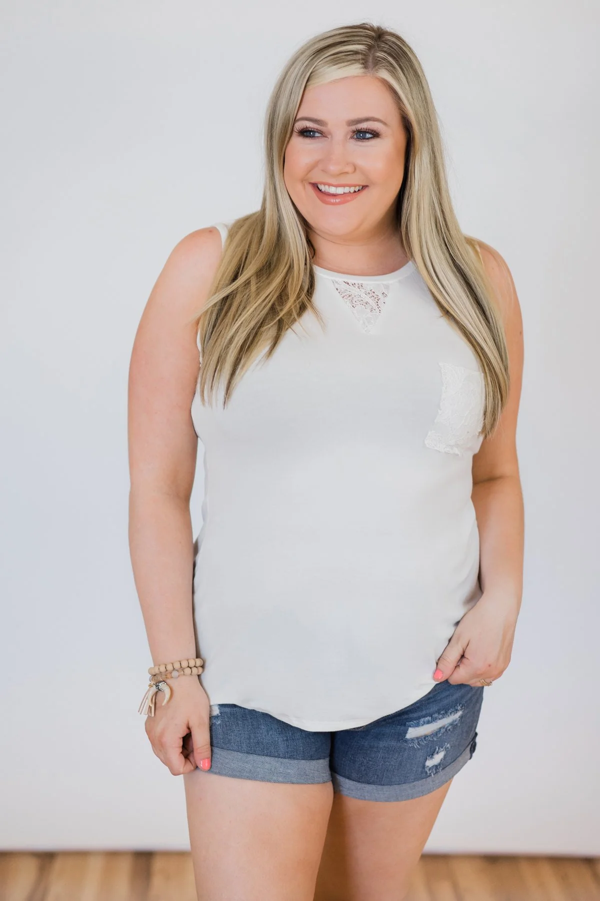 Lace Back Pocket Tank Top - Ivory - Image 2