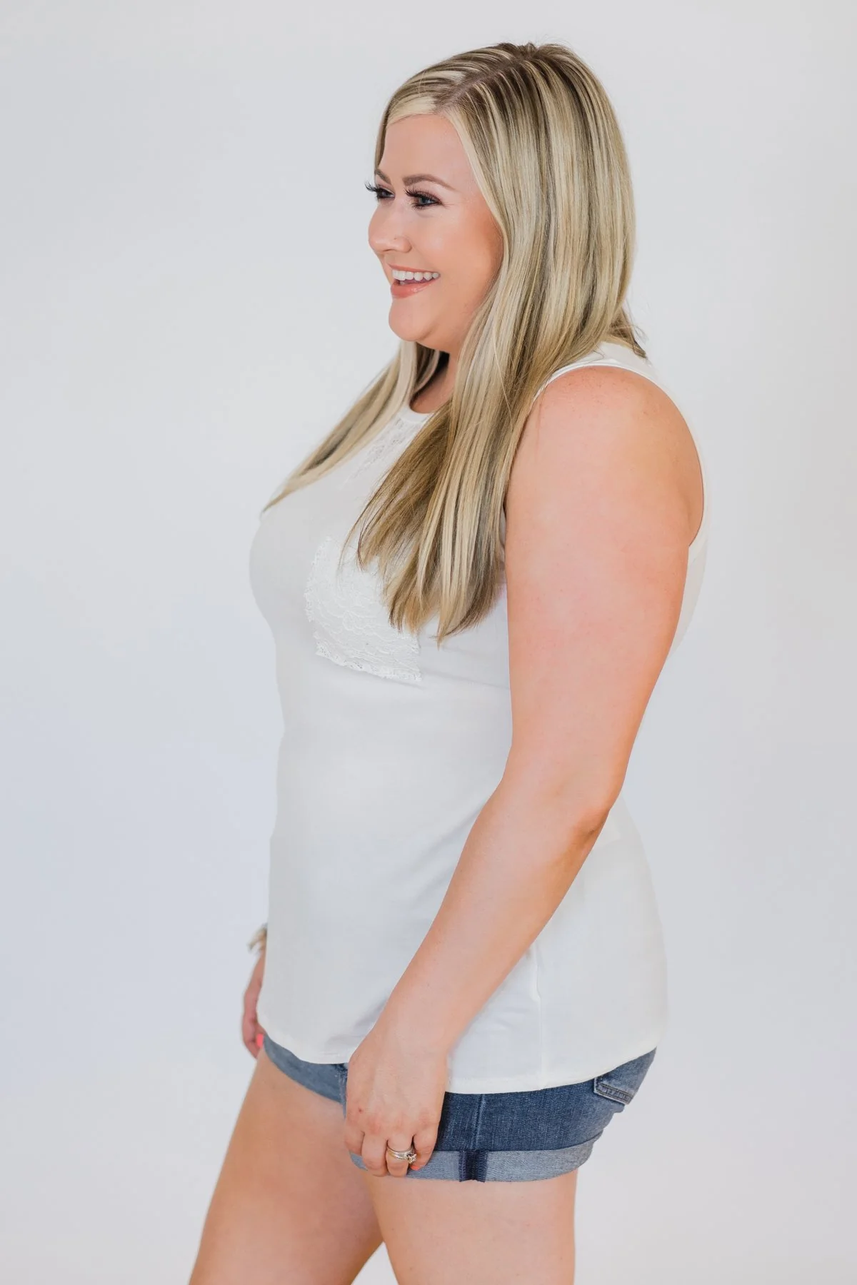 Lace Back Pocket Tank Top - Ivory - Image 6