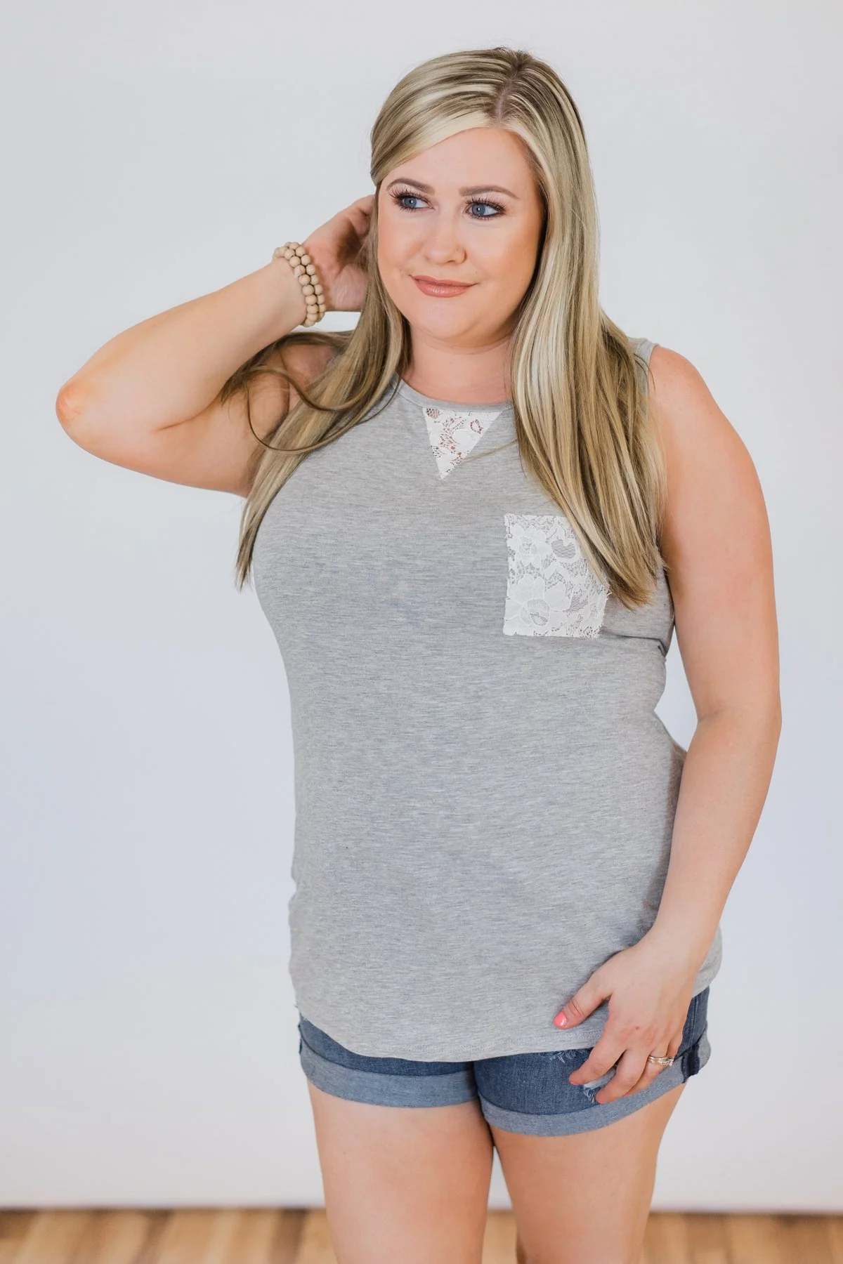 Lace Back Pocket Tank Top - Light Grey - Image 2