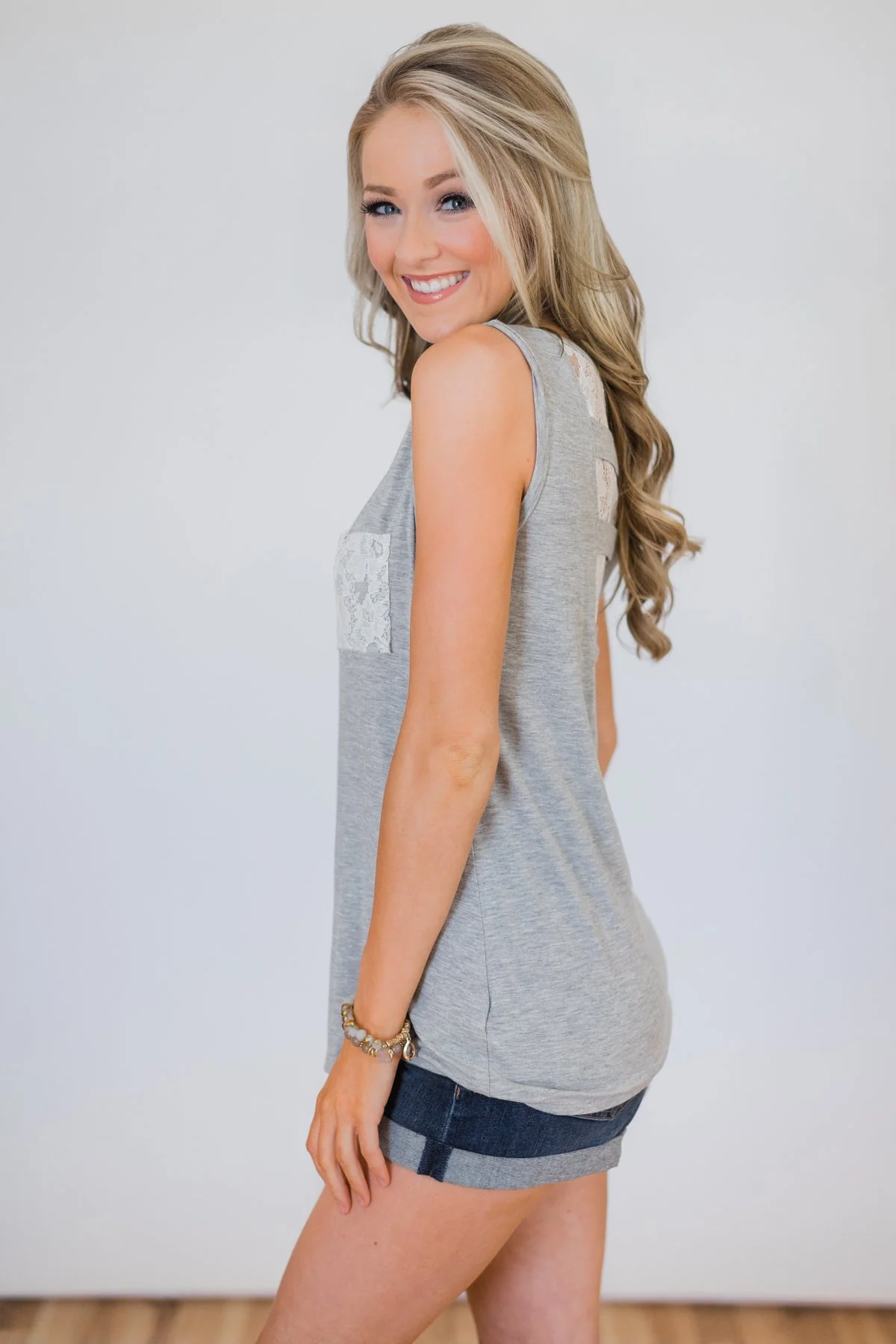 Lace Back Pocket Tank Top - Light Grey - Image 5