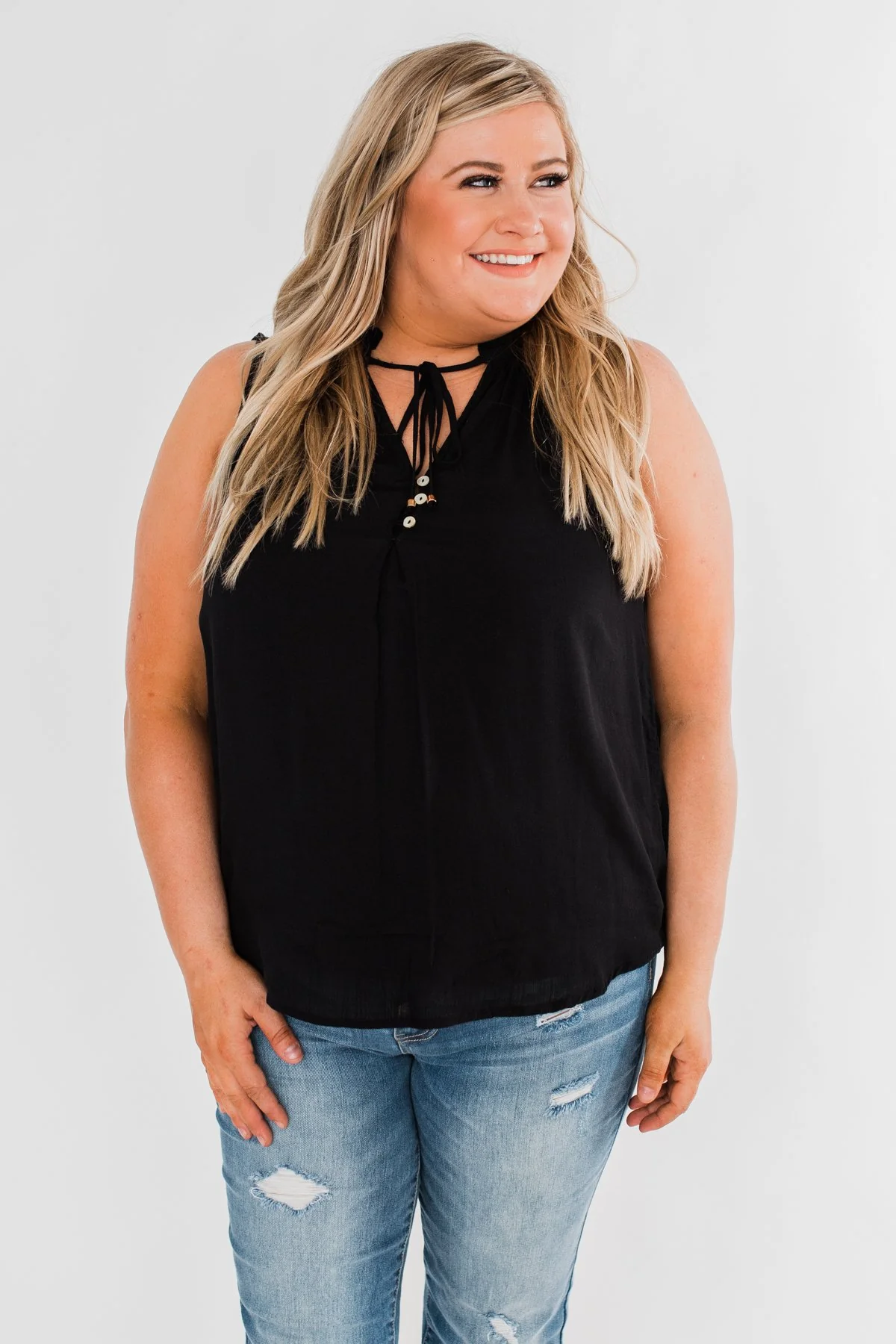 Larger Than Life Neck Tie Tank Top- Black - Image 6