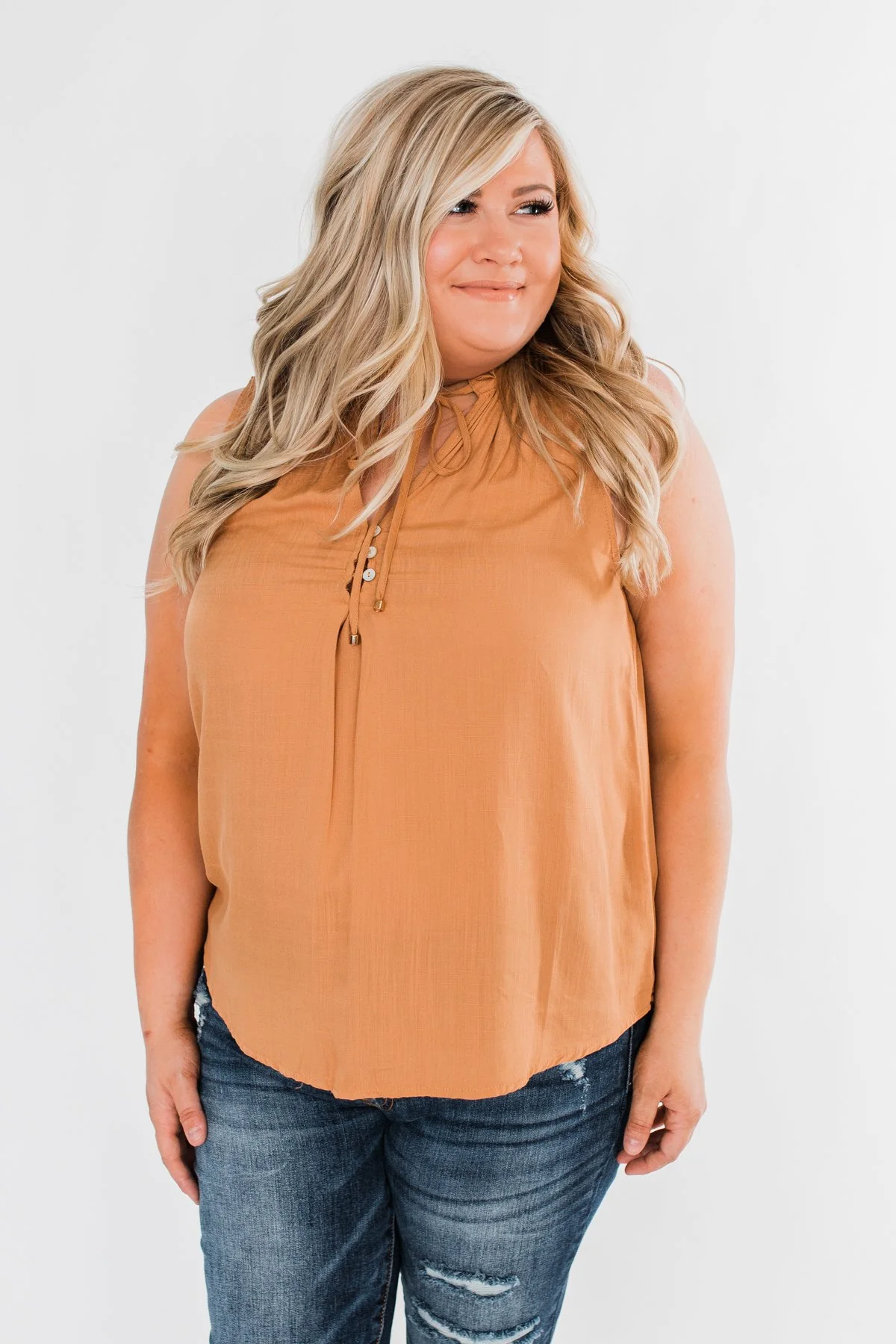 Larger Than Life Neck Tie Tank Top- Burnt Mustard - Image 8