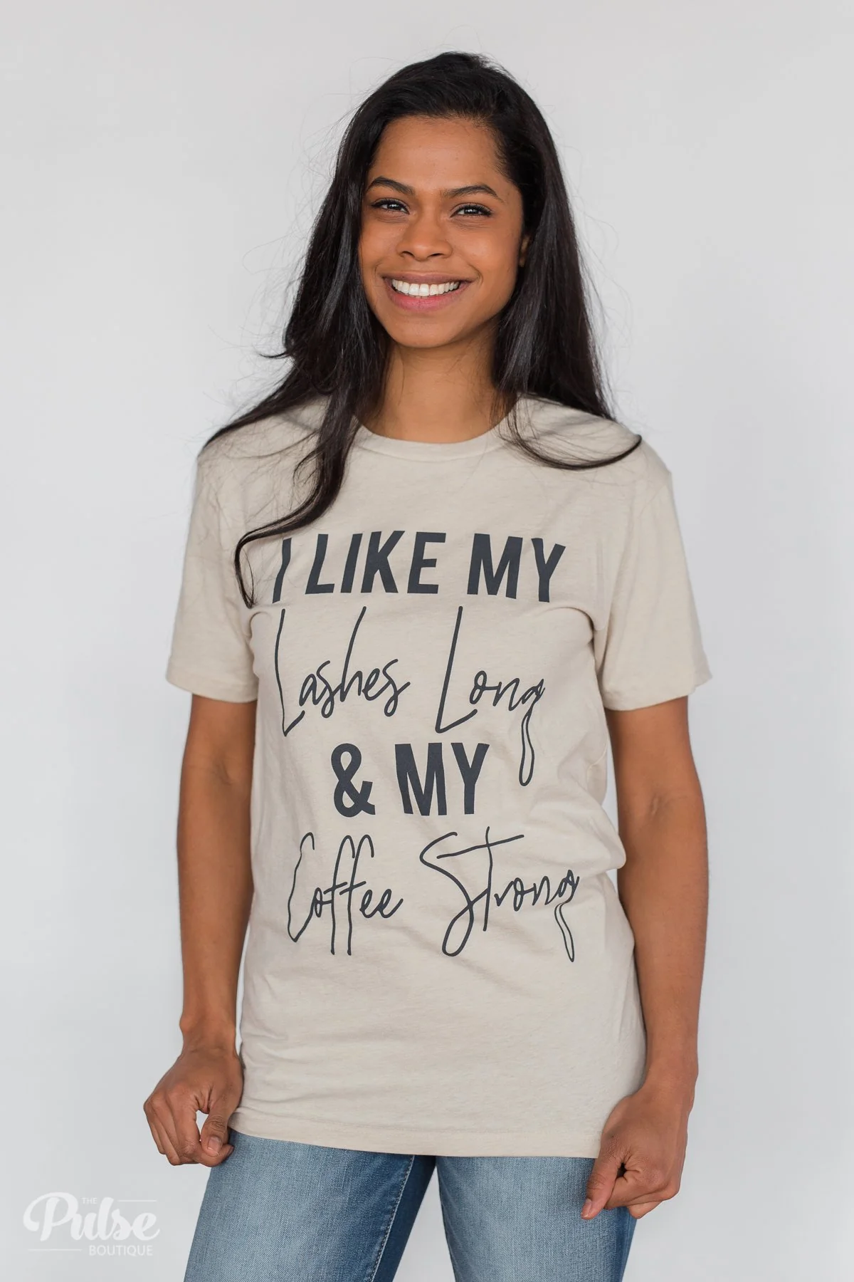 "Lashes Long & Coffee Strong" Graphic Tee- Oatmeal - Image 2