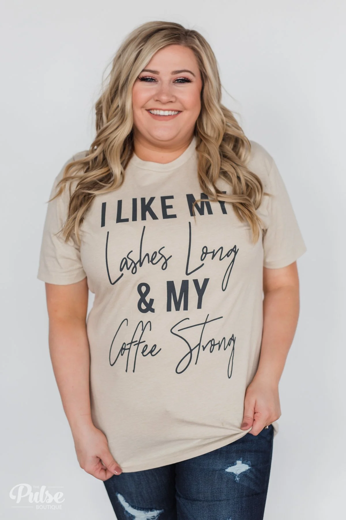 "Lashes Long & Coffee Strong" Graphic Tee- Oatmeal - Image 3