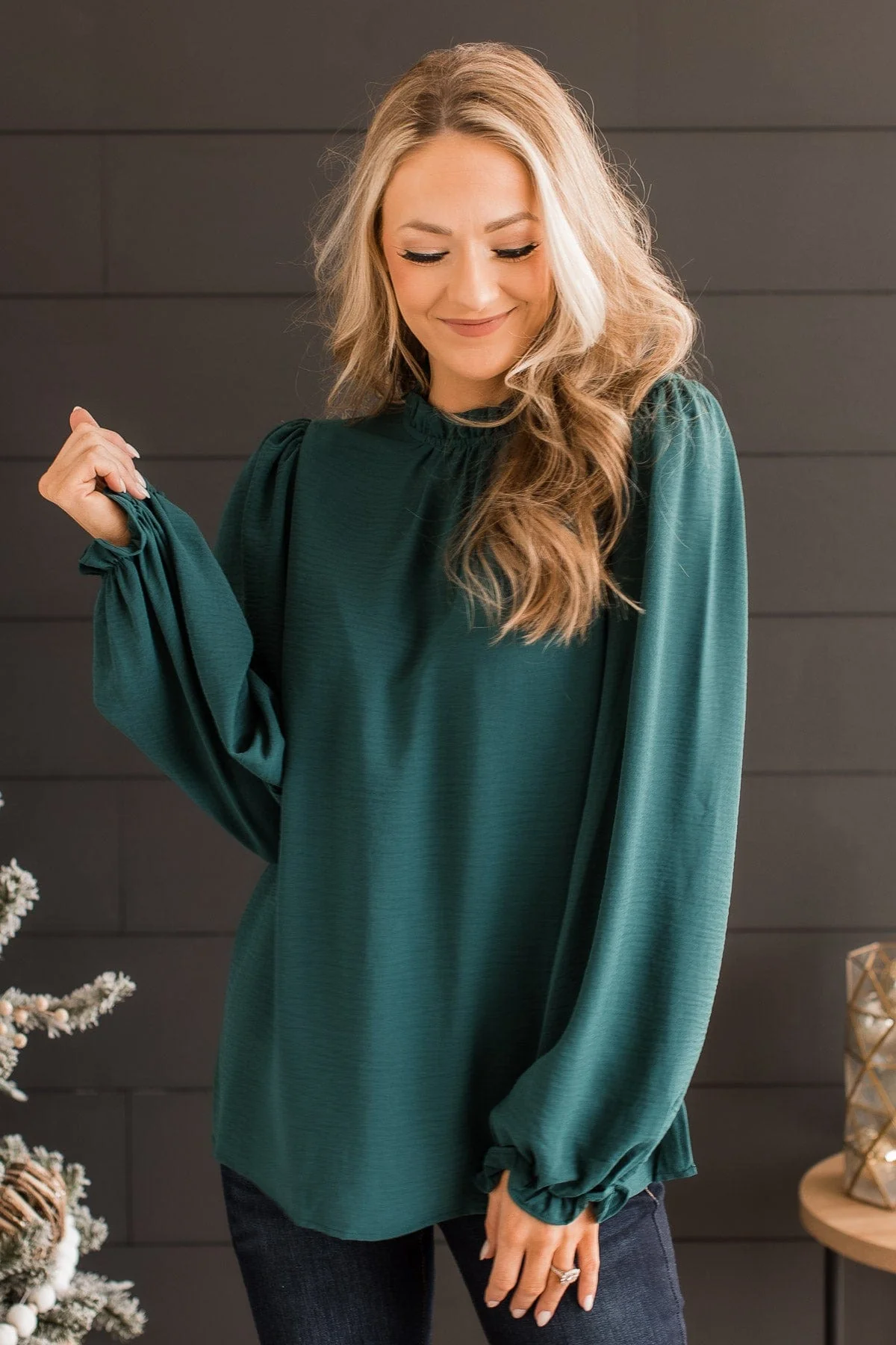 Lasting Daydreams Long Sleeve Blouse- Hunter Green - Image 2