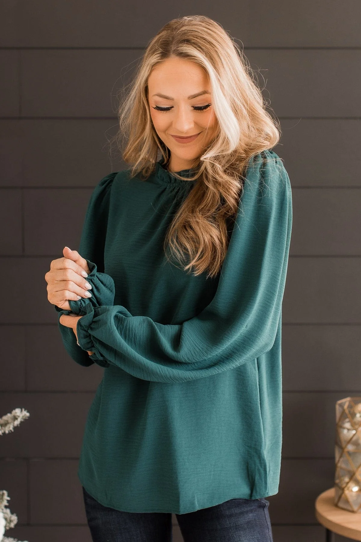 Lasting Daydreams Long Sleeve Blouse- Hunter Green - Image 4