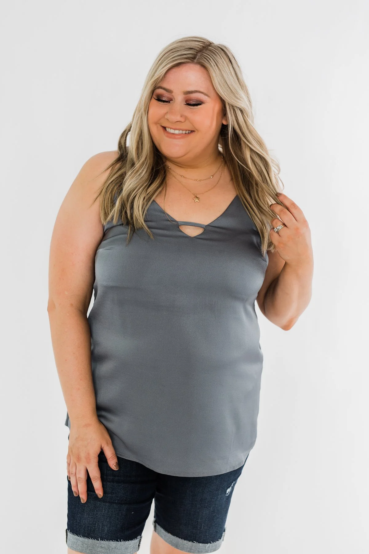 Lasting Love V-Neck Racerback Tank Top- Steel Grey - Image 2
