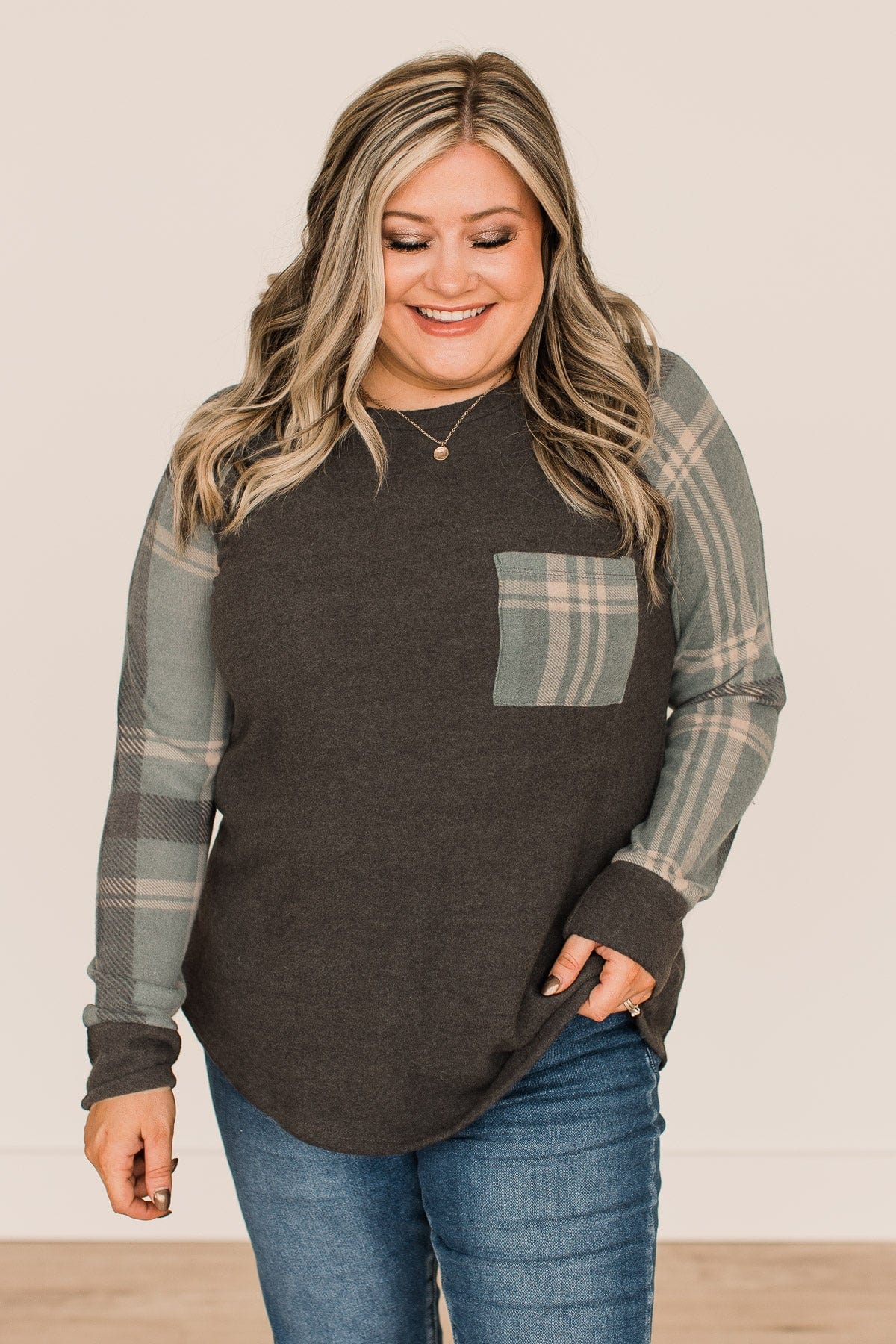 Late Nights In Plaid Pocket Top- Dusty Teal & Charcoal - Image 3