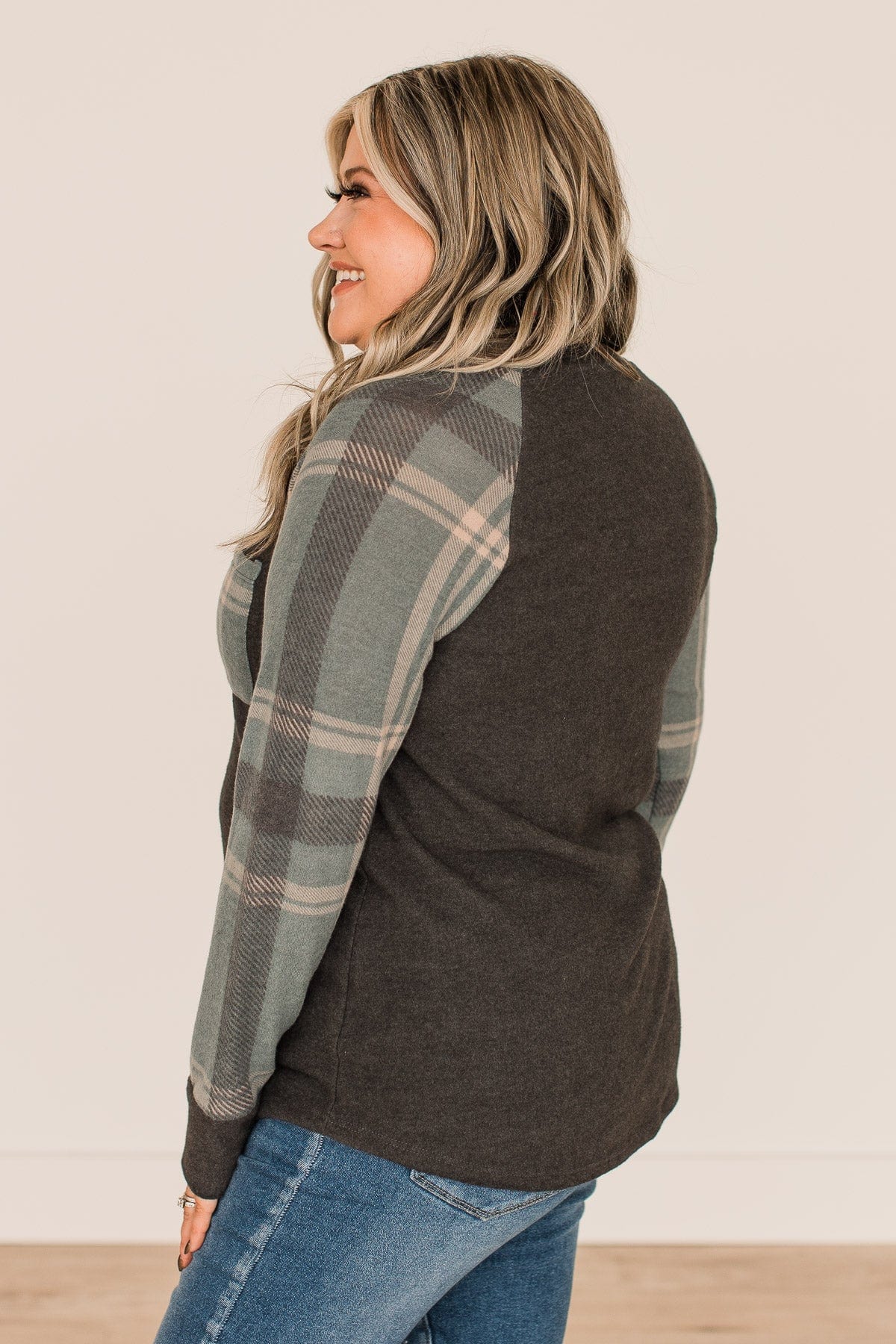 Late Nights In Plaid Pocket Top- Dusty Teal & Charcoal - Image 4