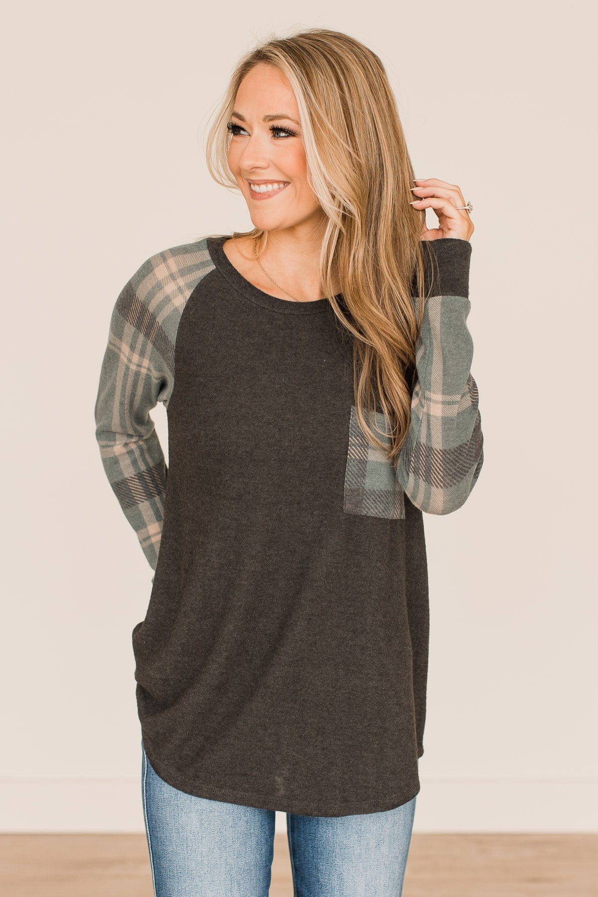 Late Nights In Plaid Pocket Top- Dusty Teal & Charcoal - Image 5