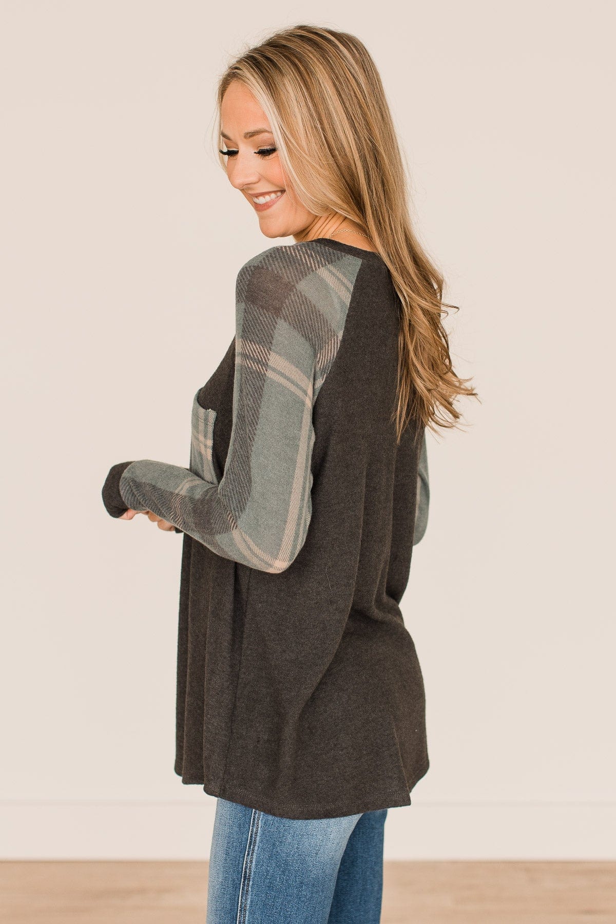 Late Nights In Plaid Pocket Top- Dusty Teal & Charcoal - Image 7