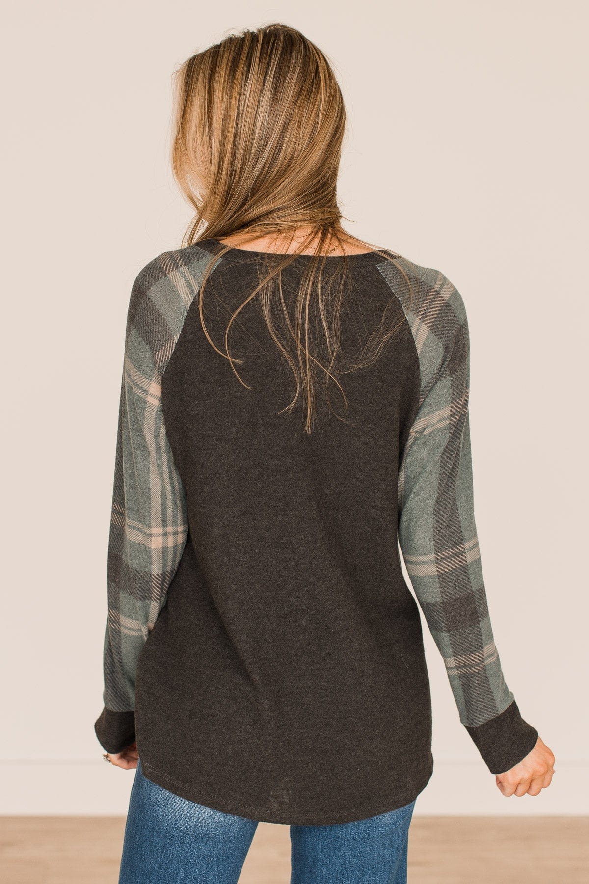 Late Nights In Plaid Pocket Top- Dusty Teal & Charcoal - Image 8