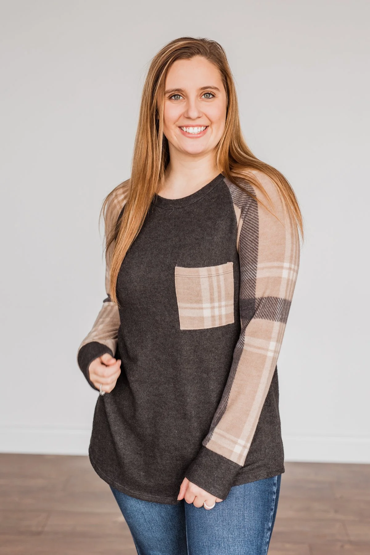 Late Nights In Plaid Pocket Top- Taupe & Charcoal - Image 6