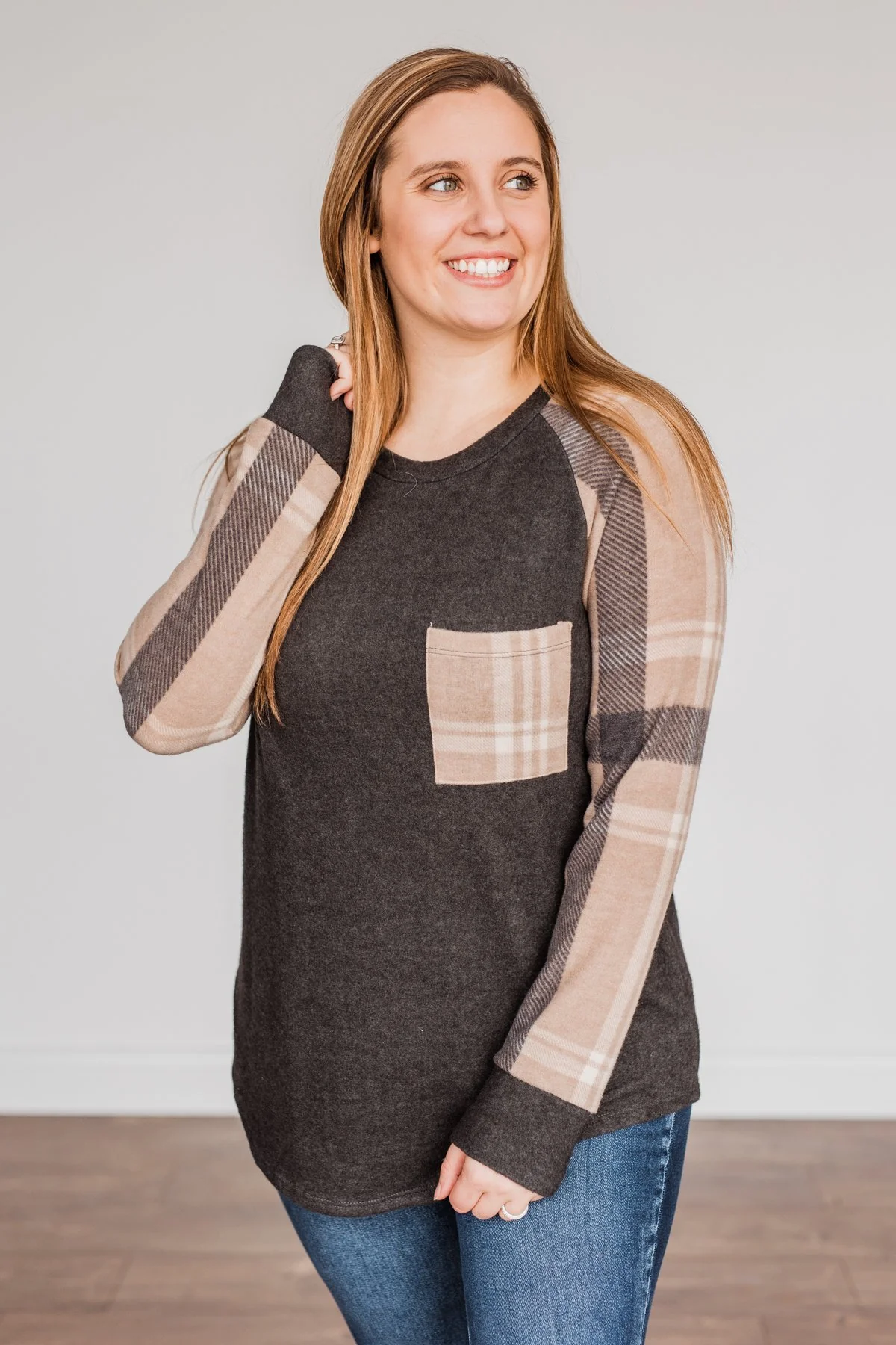 Late Nights In Plaid Pocket Top- Taupe & Charcoal - Image 8