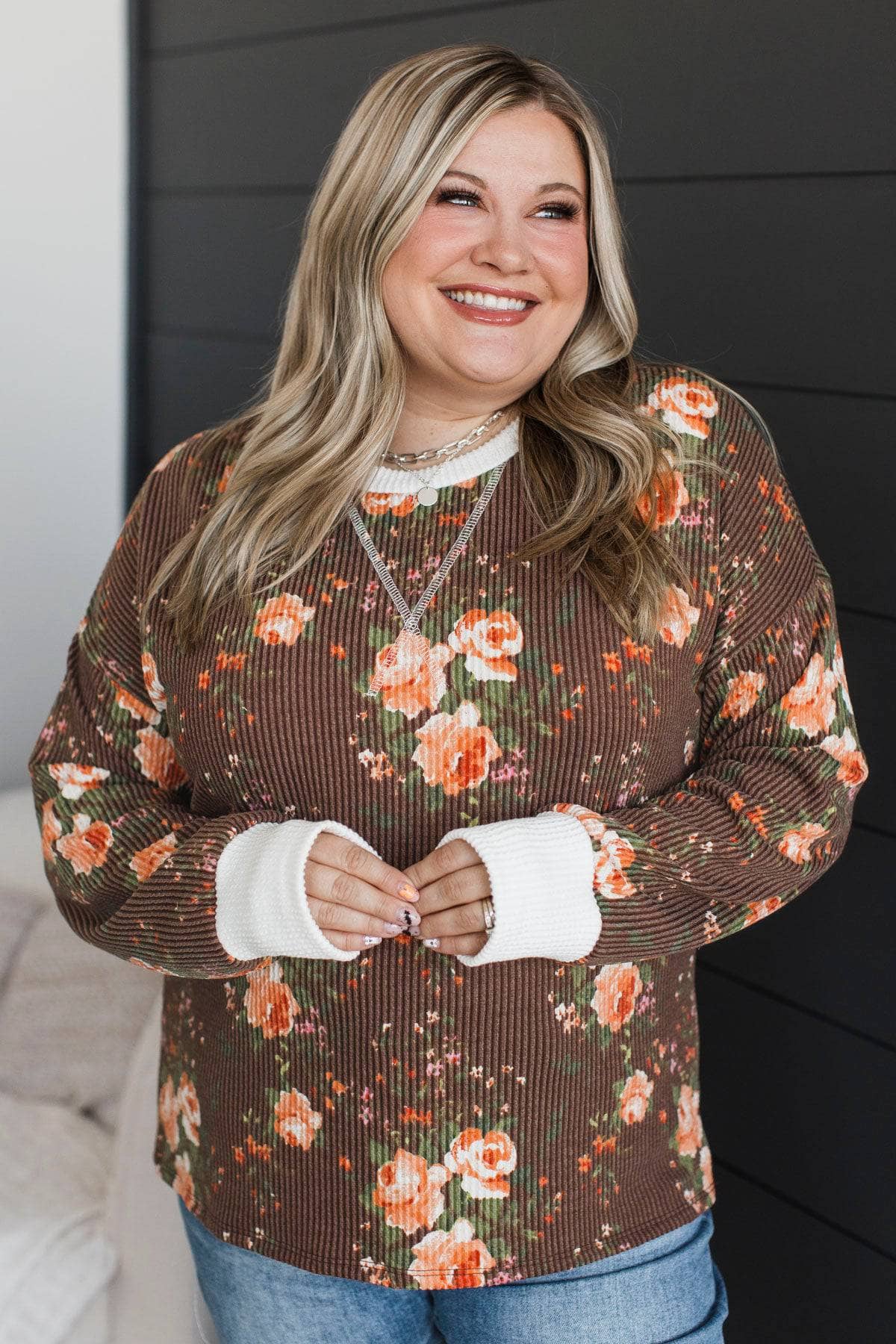 Laugh Freely Floral Ribbed Top- Brown - Image 4