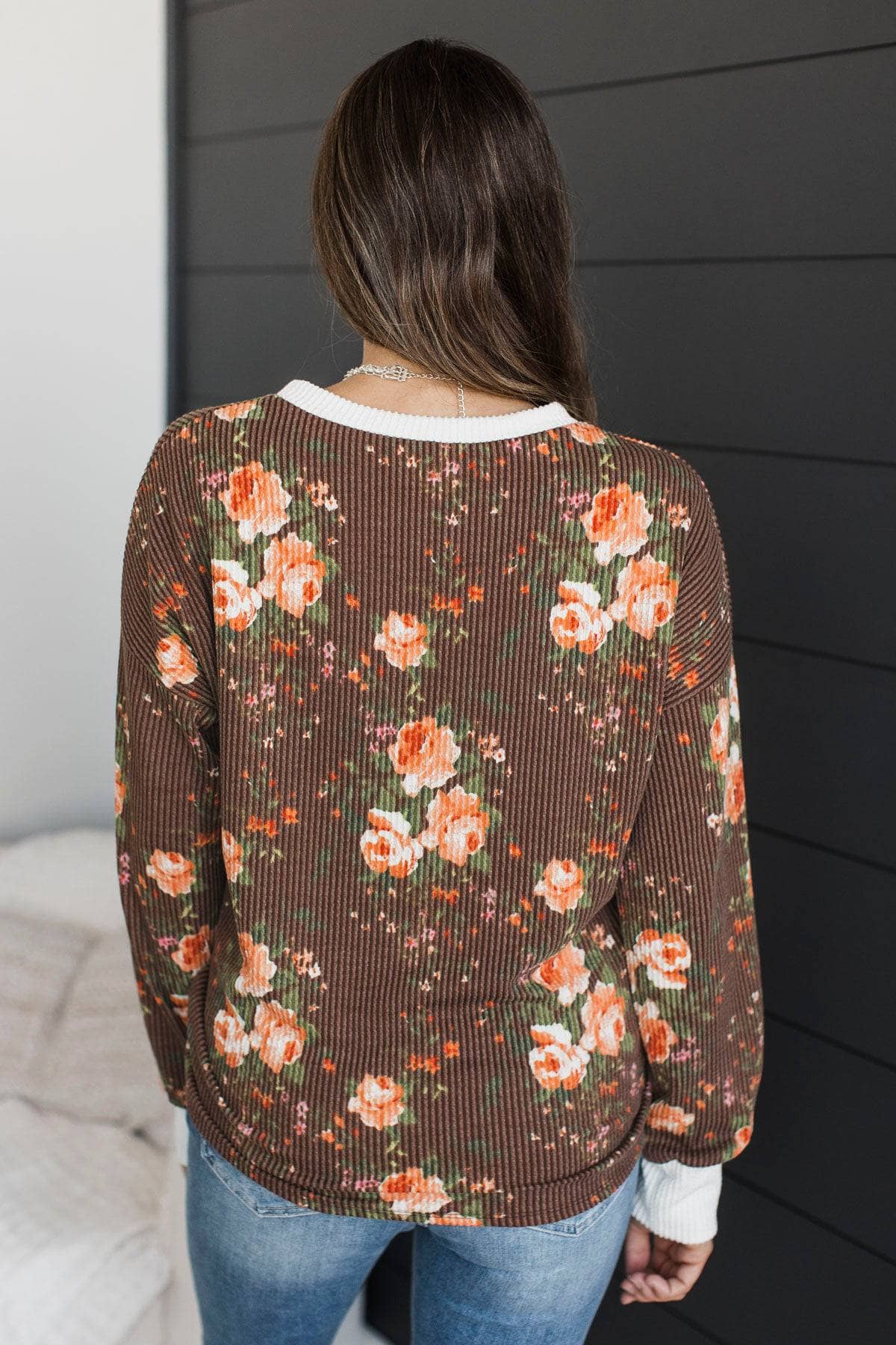 Laugh Freely Floral Ribbed Top- Brown - Image 7