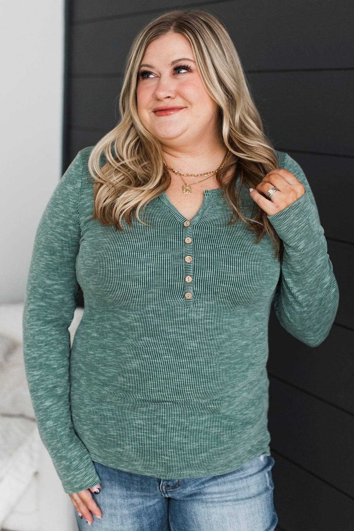 Laugh More Long Sleeve Ribbed Top- Hunter Green - Image 4