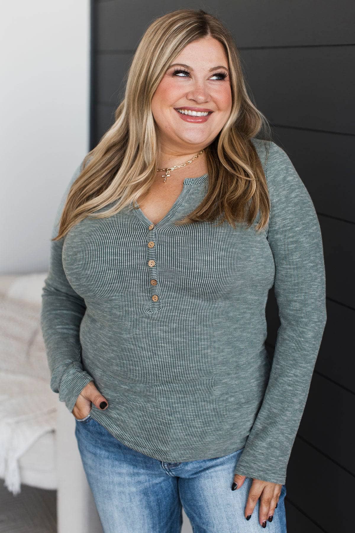 Laugh More Long Sleeve Ribbed Top- Teal - Image 3