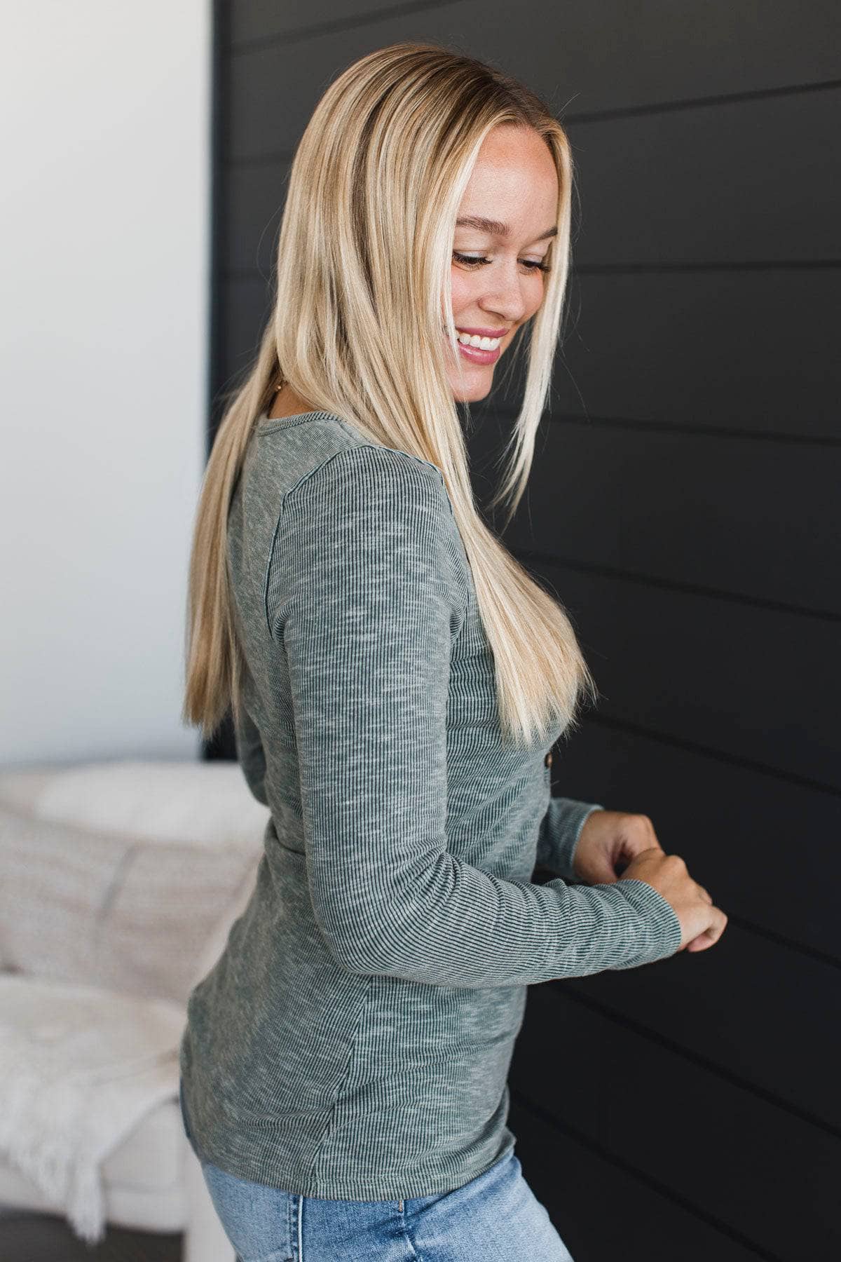 Laugh More Long Sleeve Ribbed Top- Teal - Image 7