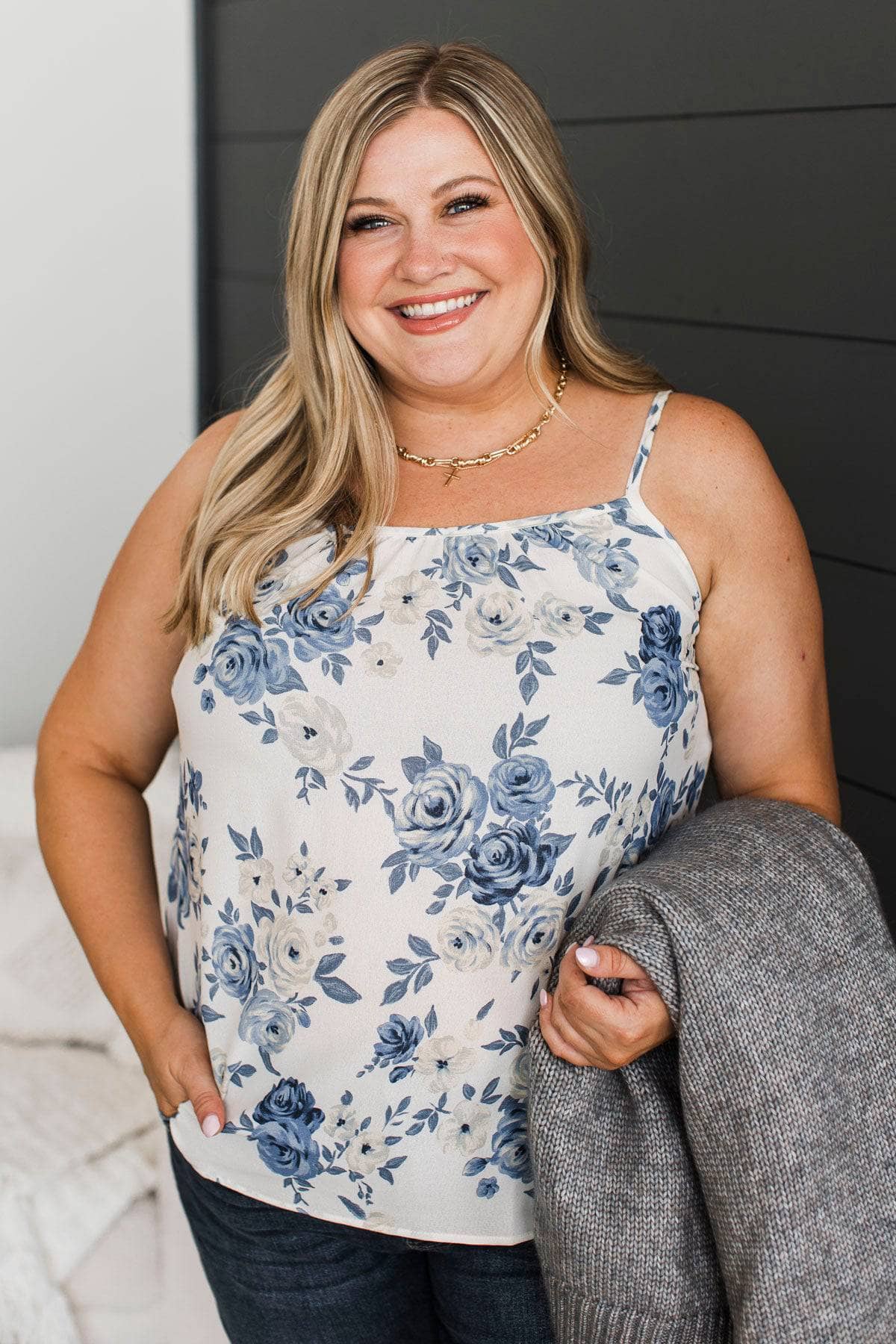 Laugh Out Loud Floral Tank Top- Ivory & Blue