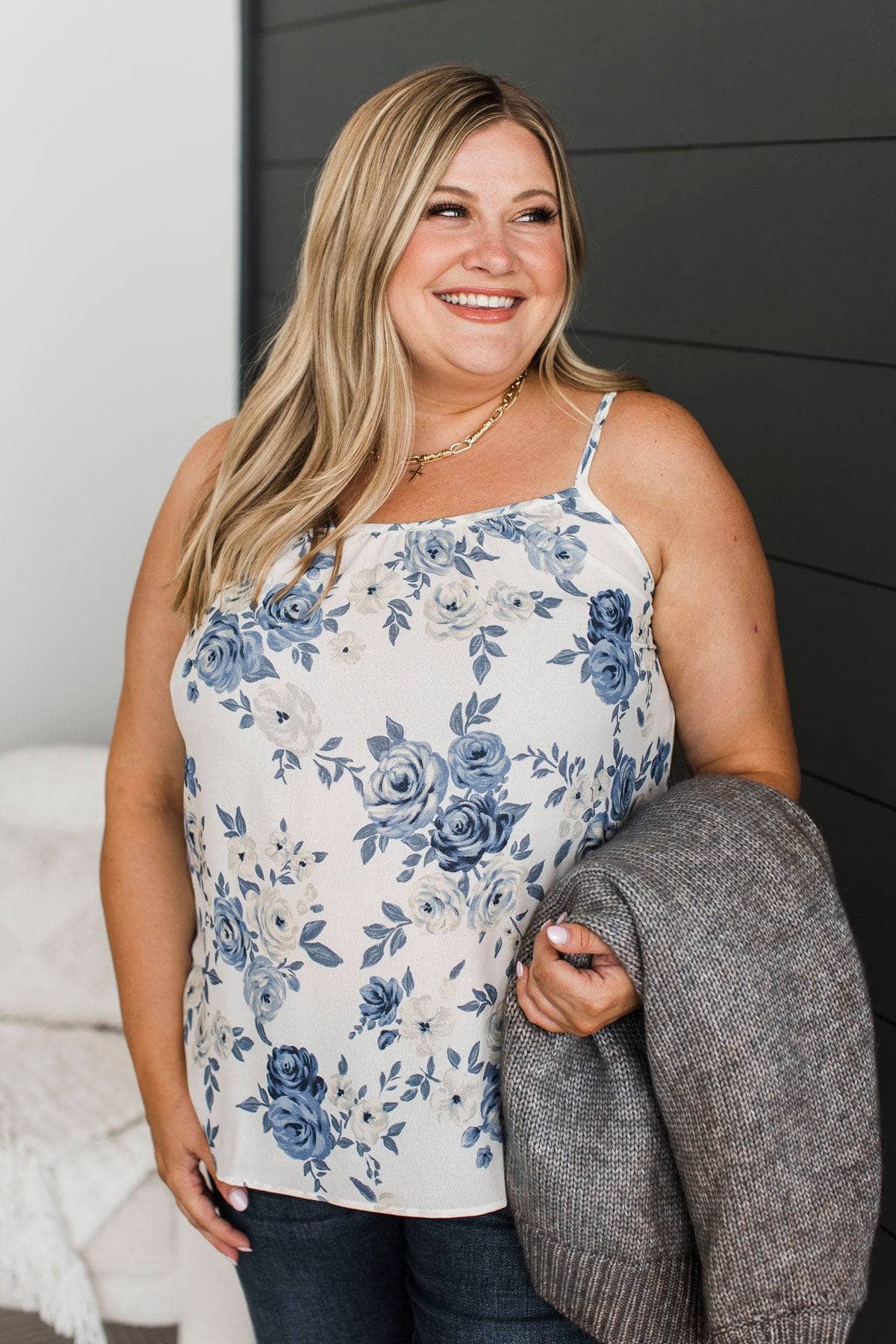 Laugh Out Loud Floral Tank Top- Ivory & Blue - Image 3