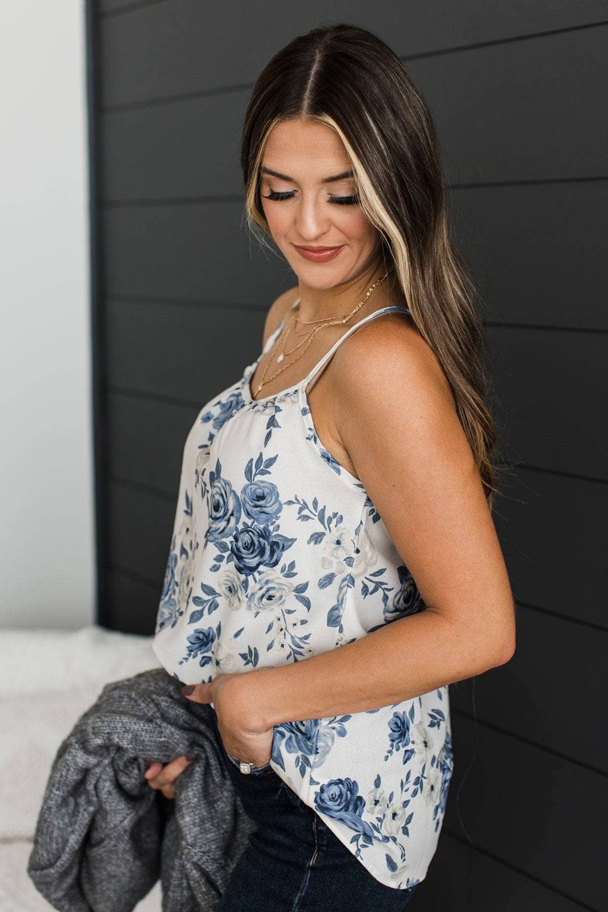 Laugh Out Loud Floral Tank Top- Ivory & Blue - Image 5