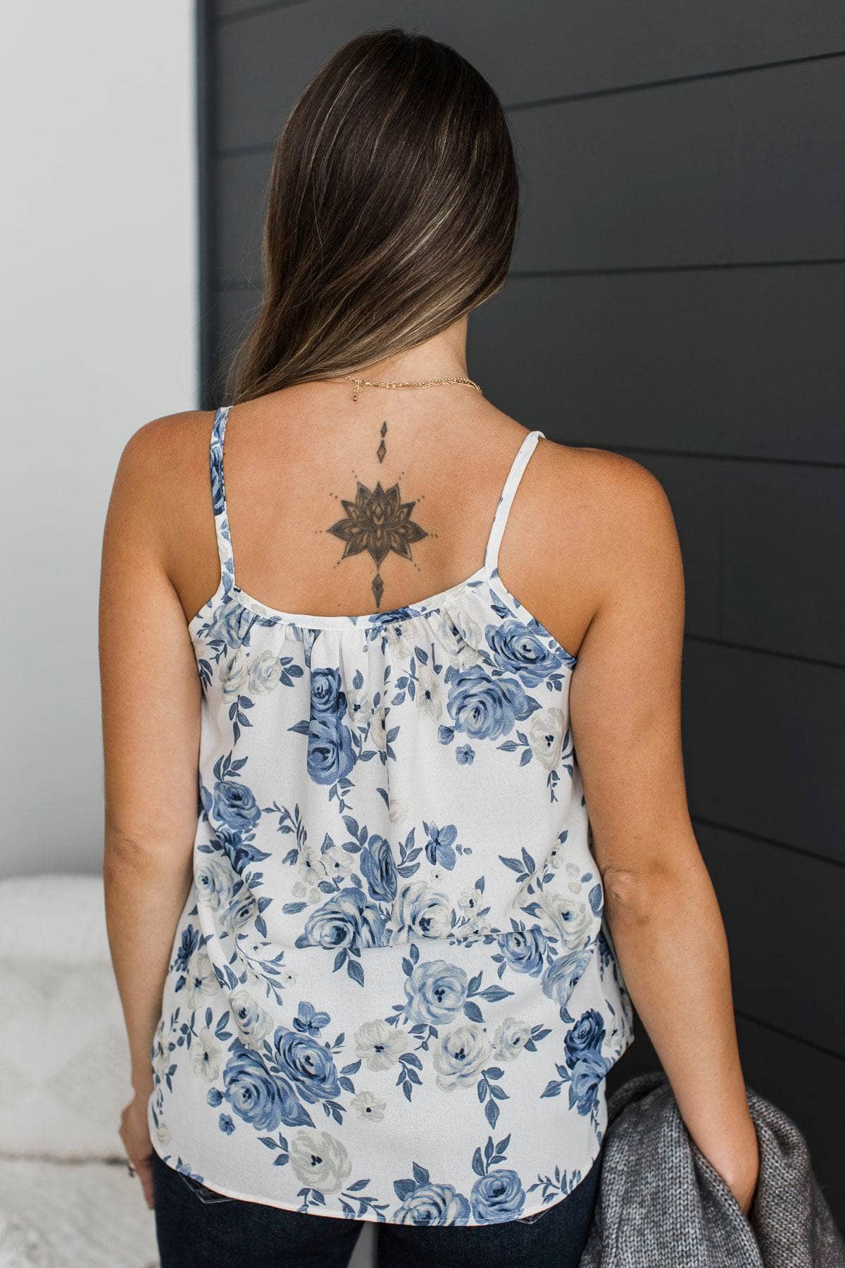 Laugh Out Loud Floral Tank Top- Ivory & Blue - Image 7