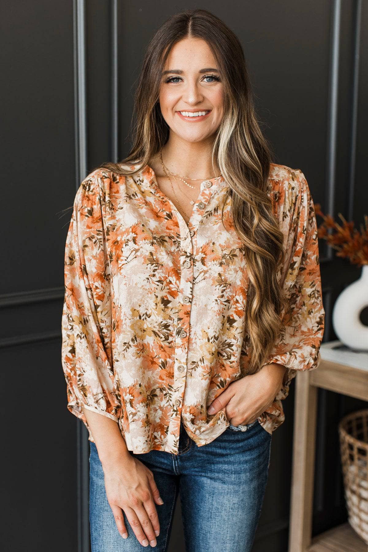 Laugh Today Floral Balloon Sleeve Top- Peach & Ivory - Image 2