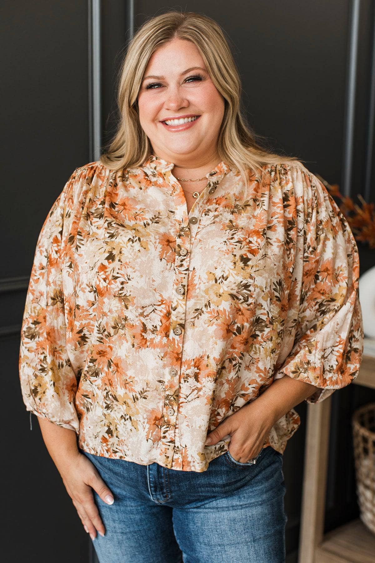 Laugh Today Floral Balloon Sleeve Top- Peach & Ivory - Image 3