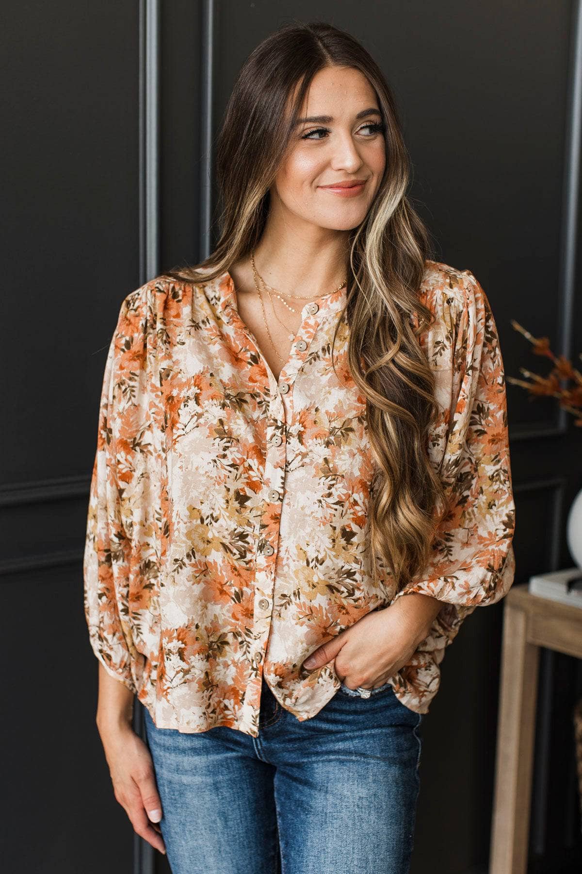 Laugh Today Floral Balloon Sleeve Top- Peach & Ivory - Image 4