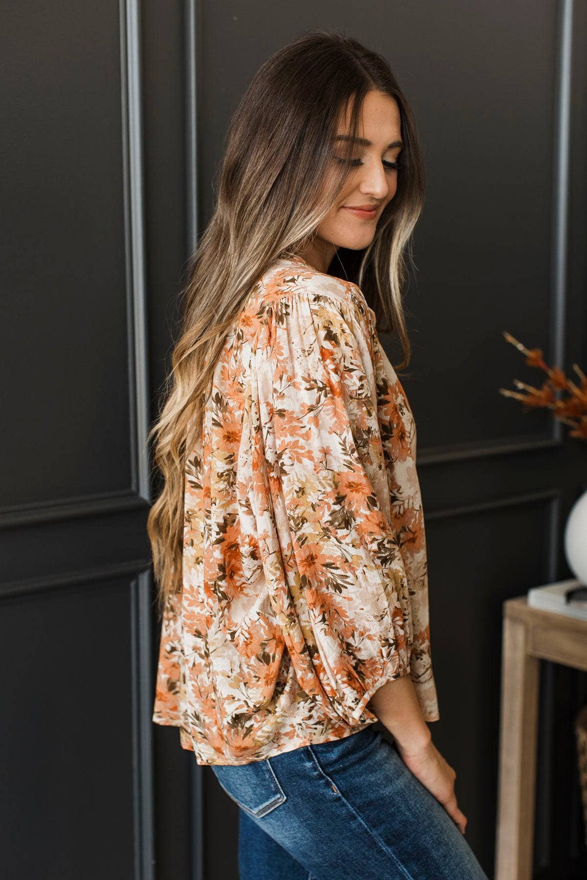 Laugh Today Floral Balloon Sleeve Top- Peach & Ivory - Image 6