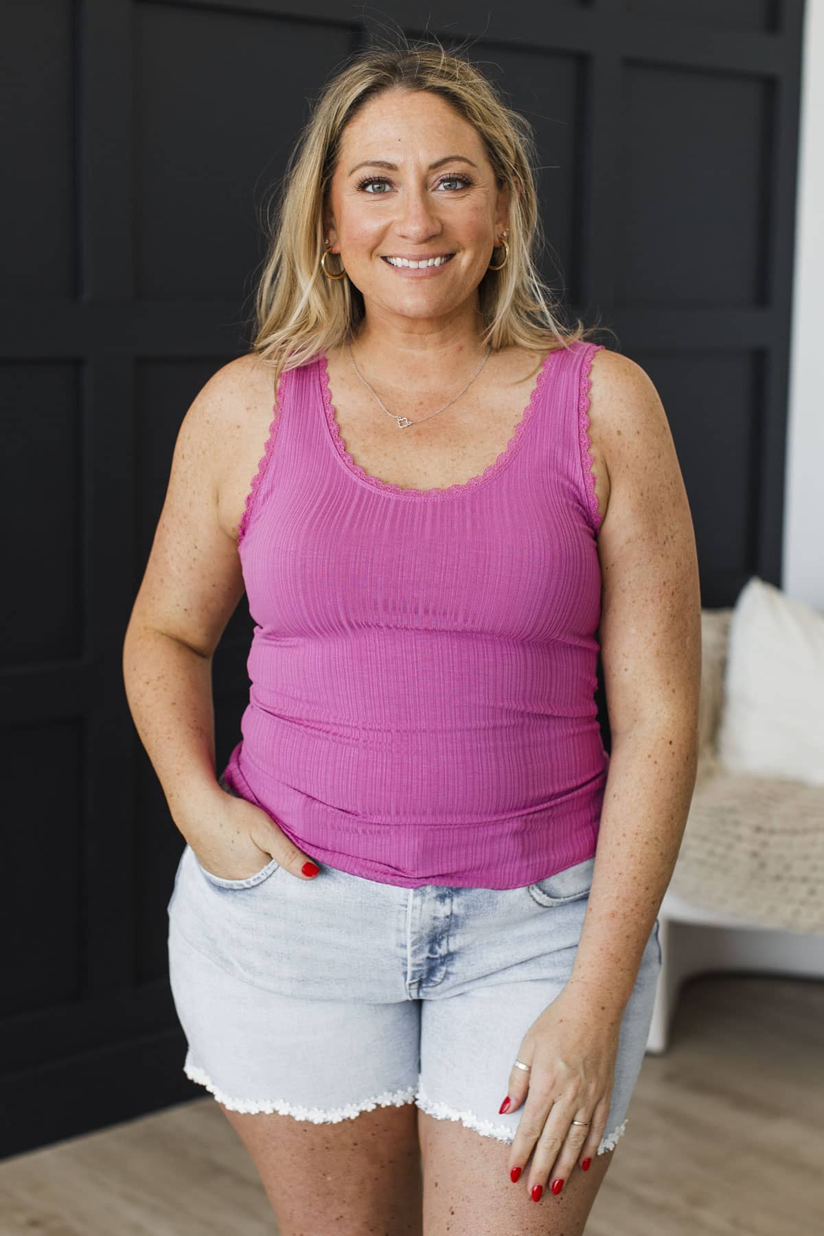 Laugh Together Lace Trimmed Tank Top- Fuchsia - Image 2
