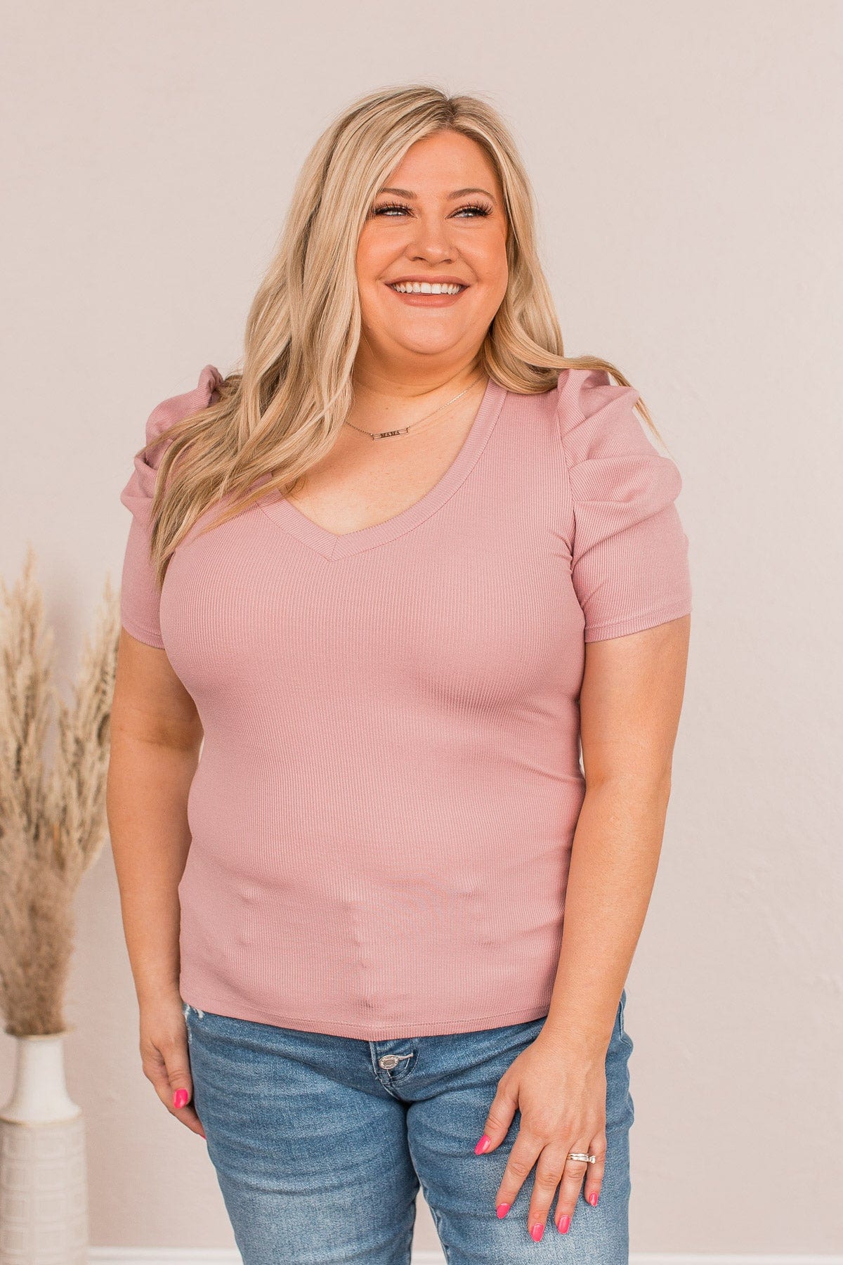 Lay It On Me Ribbed V-Neck Top- Dusty Rose - Image 3