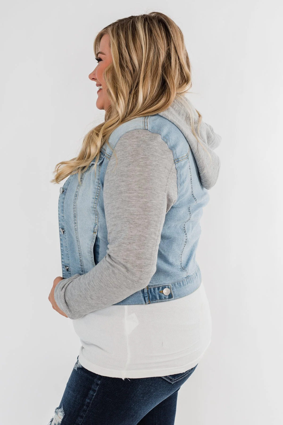 Layered Denim Hooded Jacket- Light Wash - Image 9