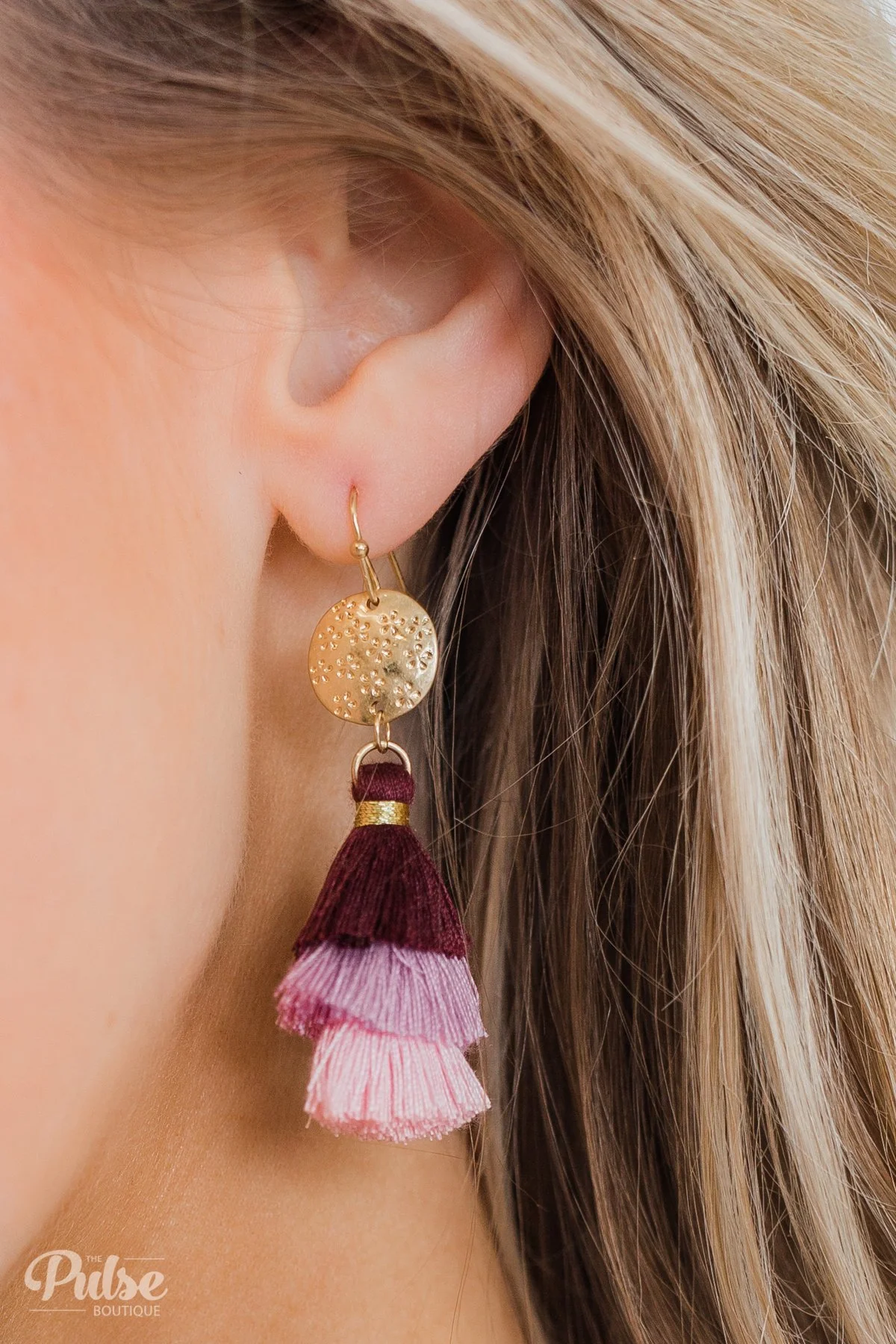 Layered Tassel Gold Earrings- Burgundy, Lilac, Pink - Image 2