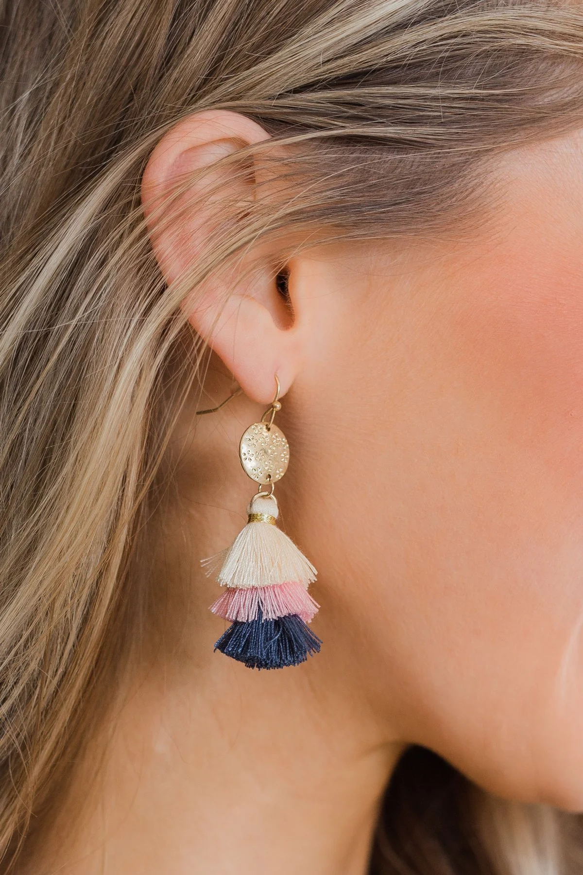 Layered Tassel Gold Earrings- Cream, Pink, & Navy - Image 2