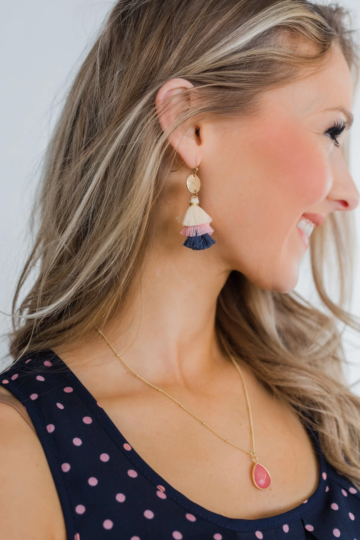 Layered Tassel Gold Earrings- Cream, Pink, & Navy - Image 3