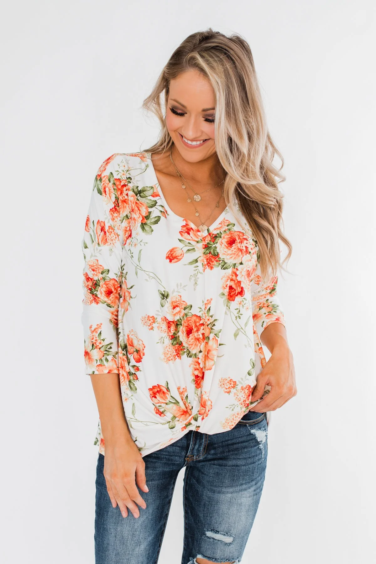 Lead Me In Love Floral Twist Top- Ivory - Image 2