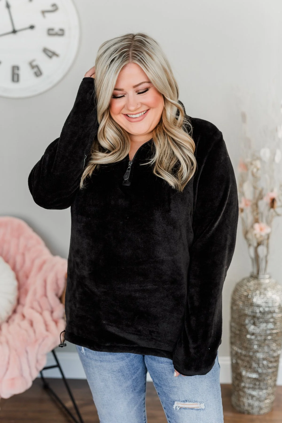 Lean A Little Closer Quarter Zip Sherpa- Black - Image 6