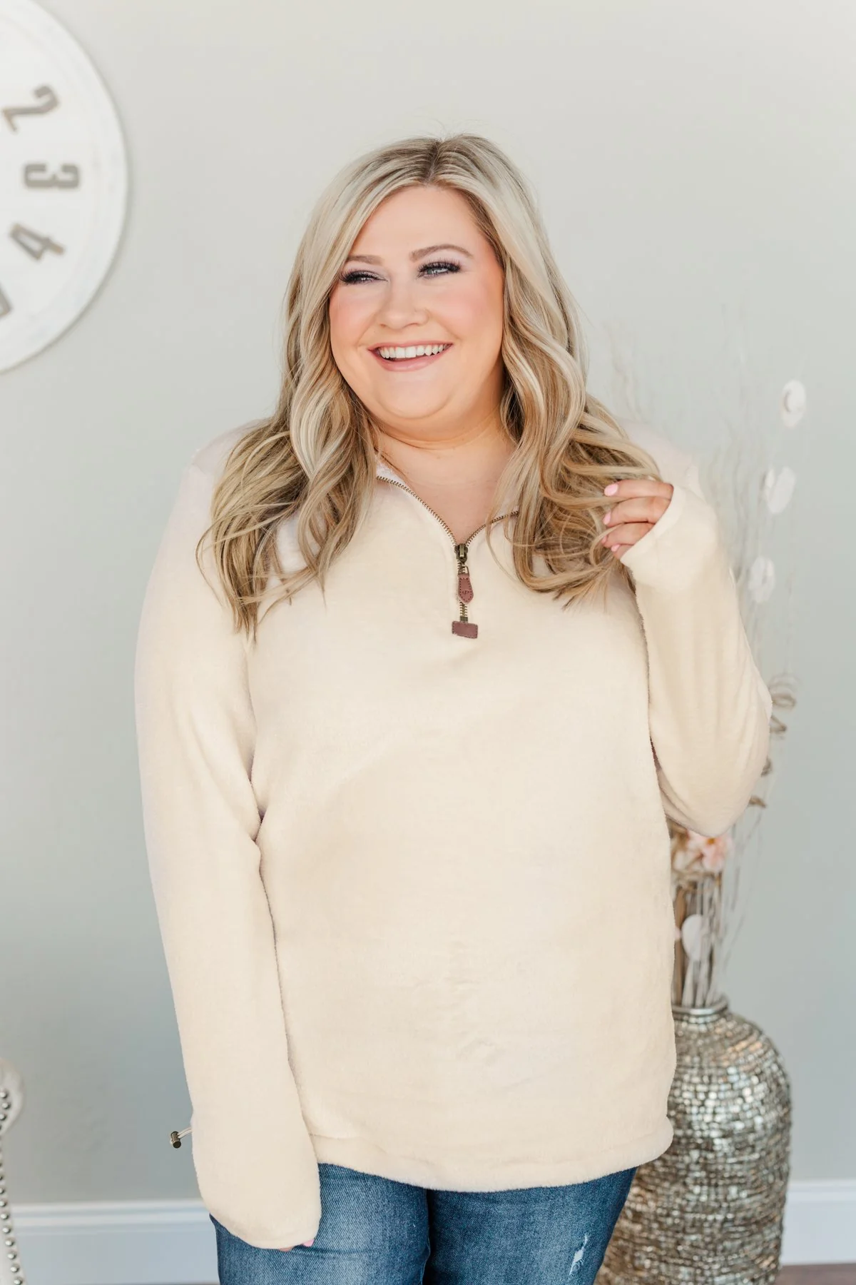 Lean A Little Closer Quarter Zip Sherpa- Cream - Image 6
