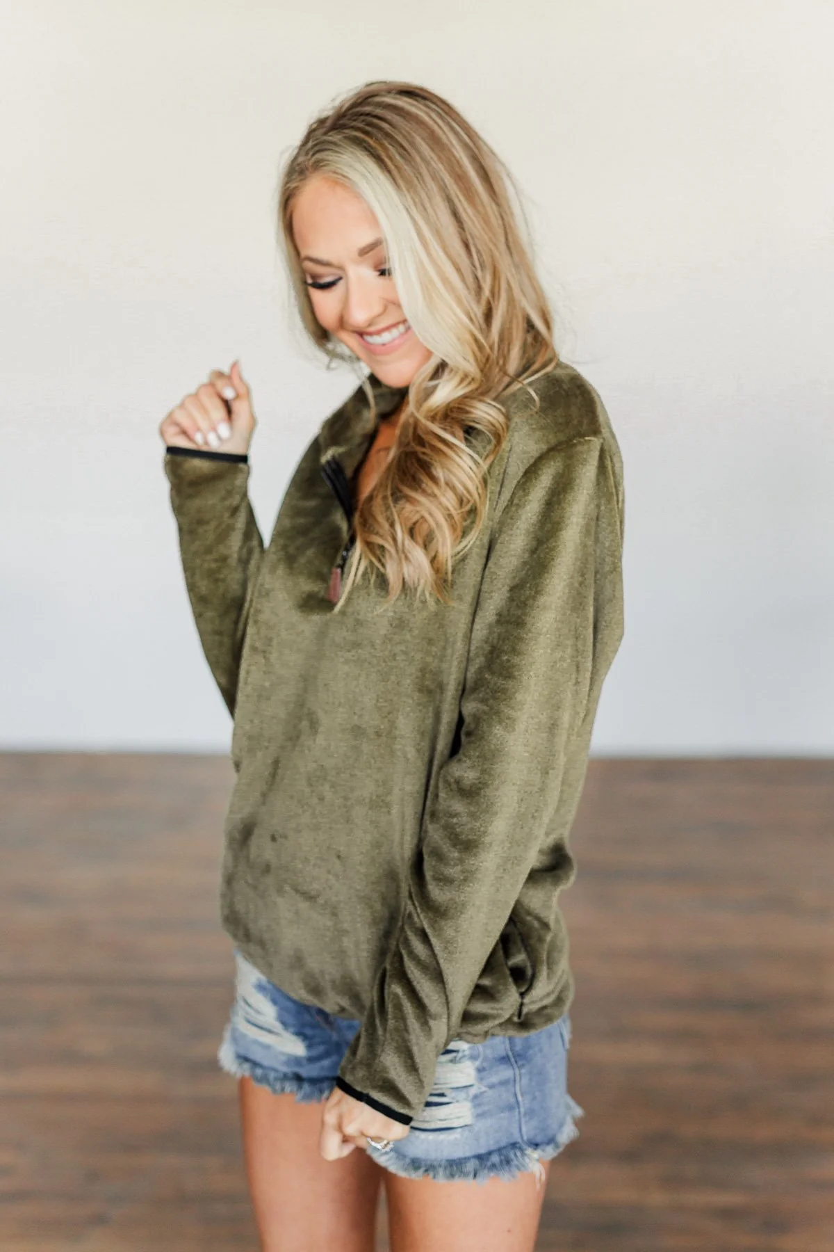 Lean A Little Closer Quarter Zip Sherpa- Olive - Image 6