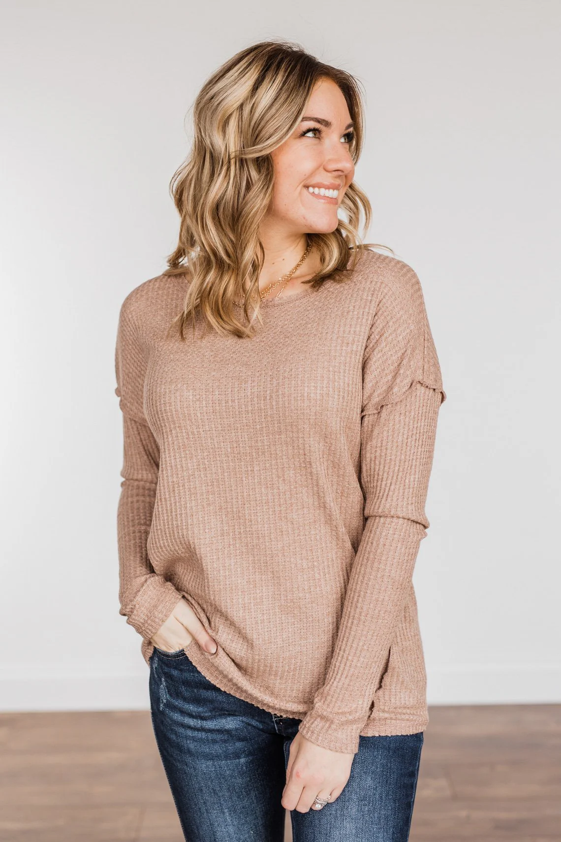 Leap Of Faith Long Sleeve Knit Top- Taupe - Image 3