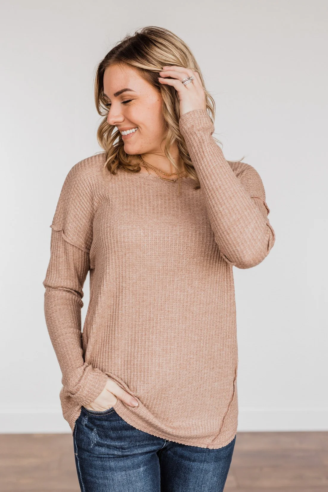 Leap Of Faith Long Sleeve Knit Top- Taupe - Image 6