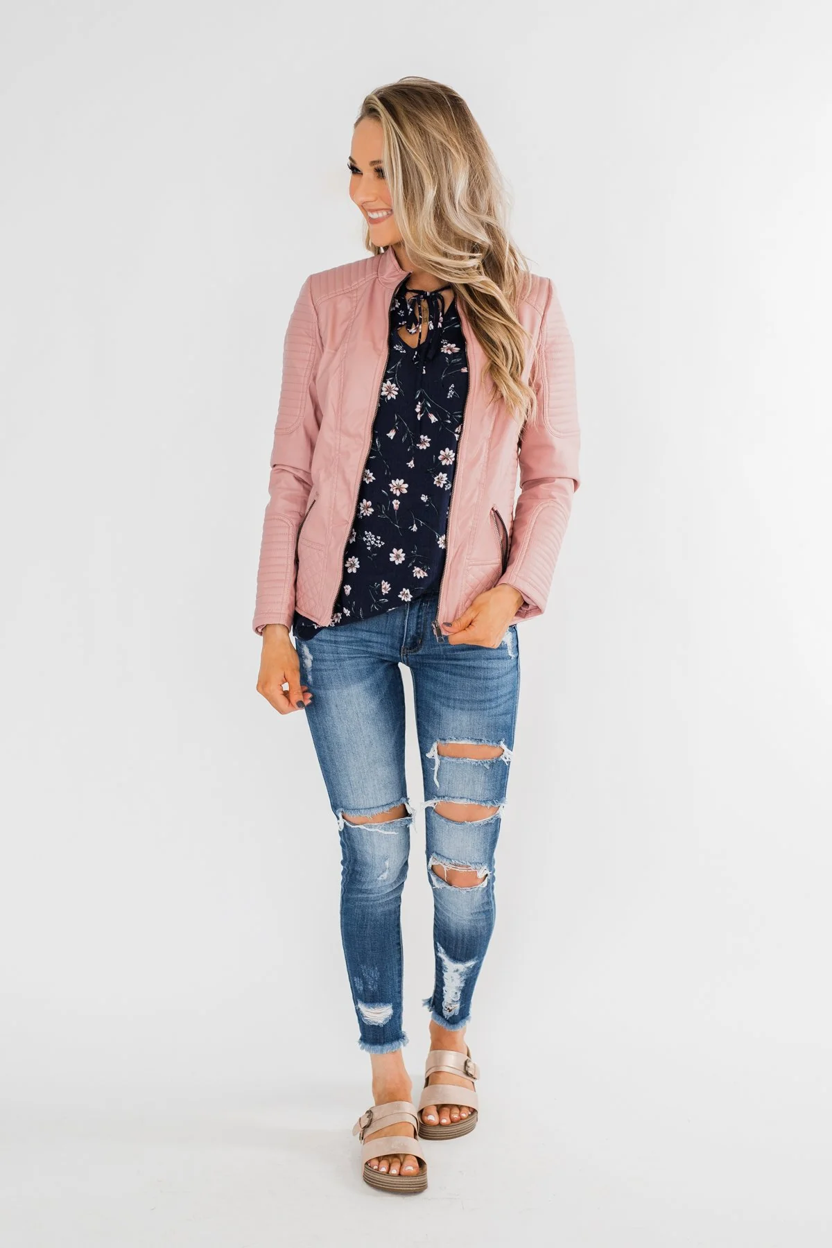 Leather Moto Jacket- Mauve Pink - Image 3