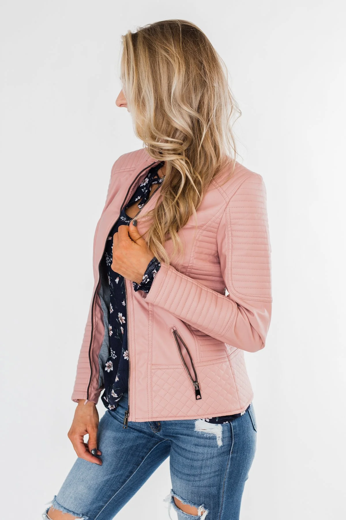 Leather Moto Jacket- Mauve Pink - Image 9