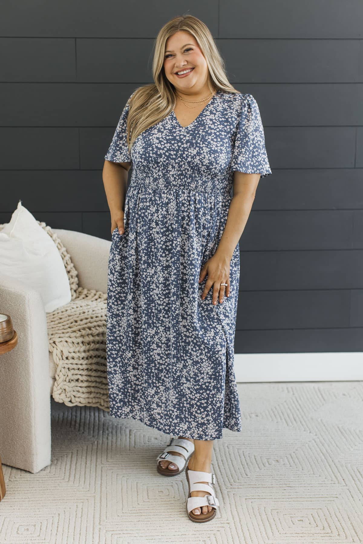 Leave No Trace Floral Midi Dress- Classic Blue - Image 3