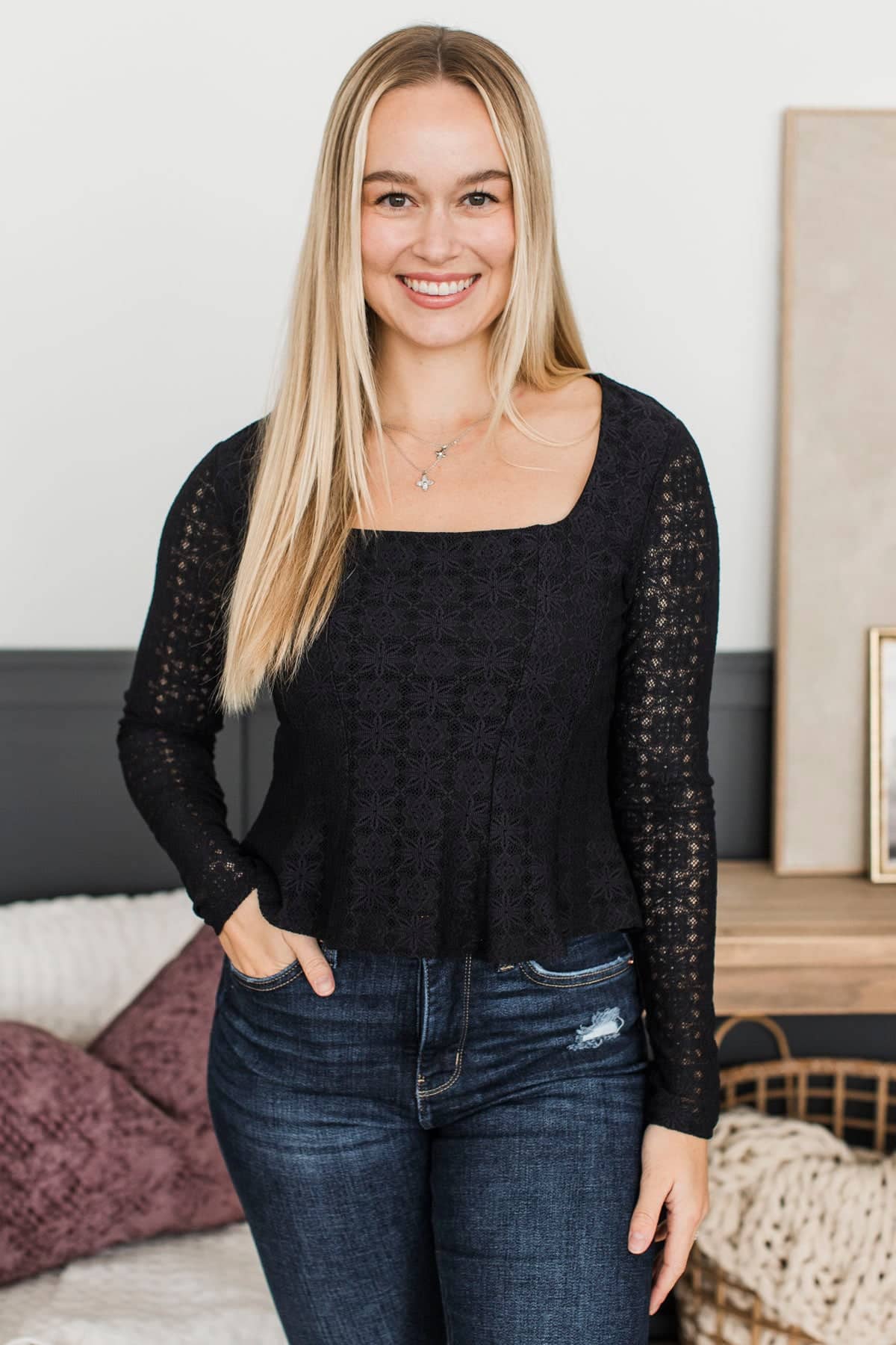 Left An Impression Floral Lace Peplum Top- Black